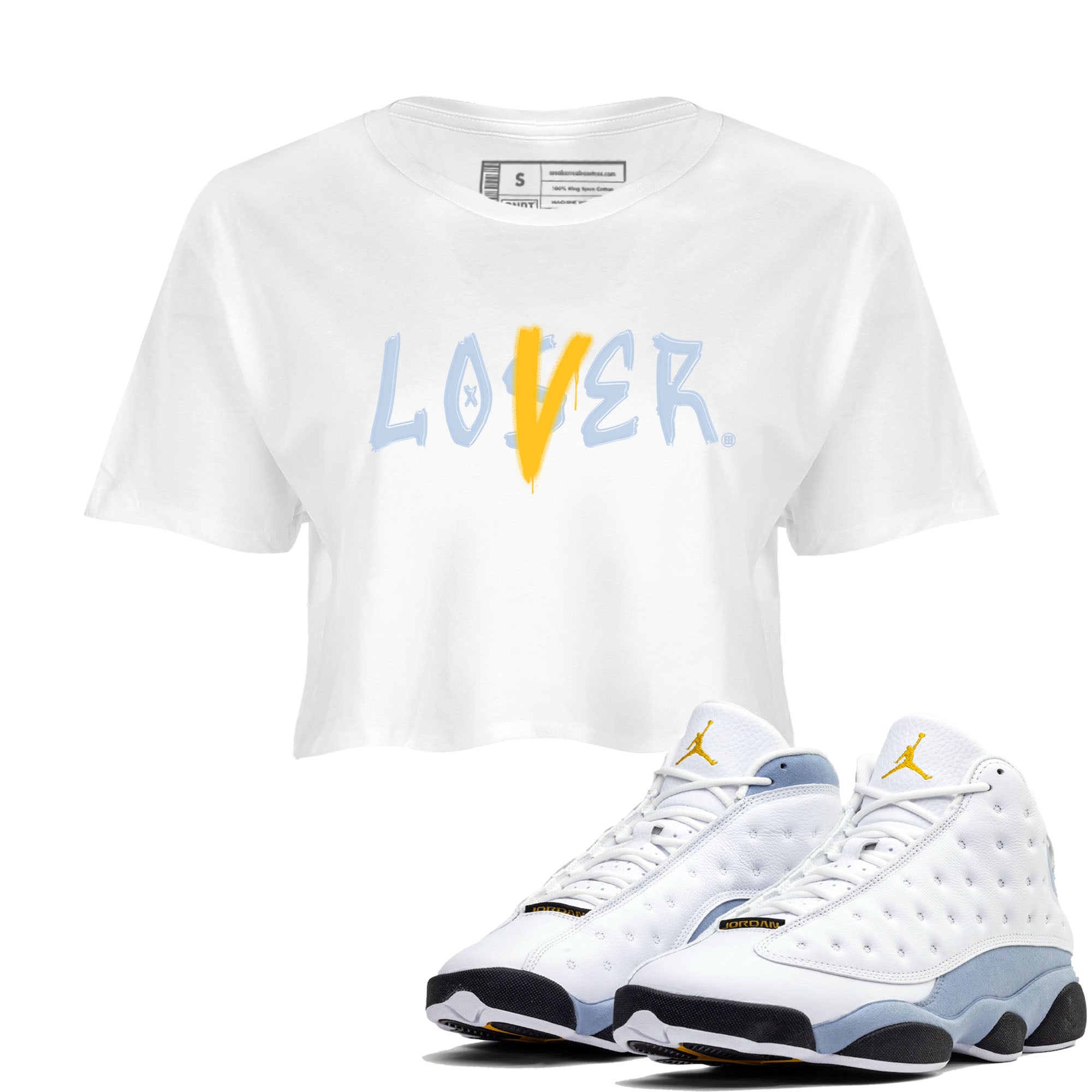 13s Blue Grey shirt to match jordans Loser Lover sneaker tees Air Jordan 13 Retro Blue Grey SNRT Sneaker Release Tees White 1 crop length shirt