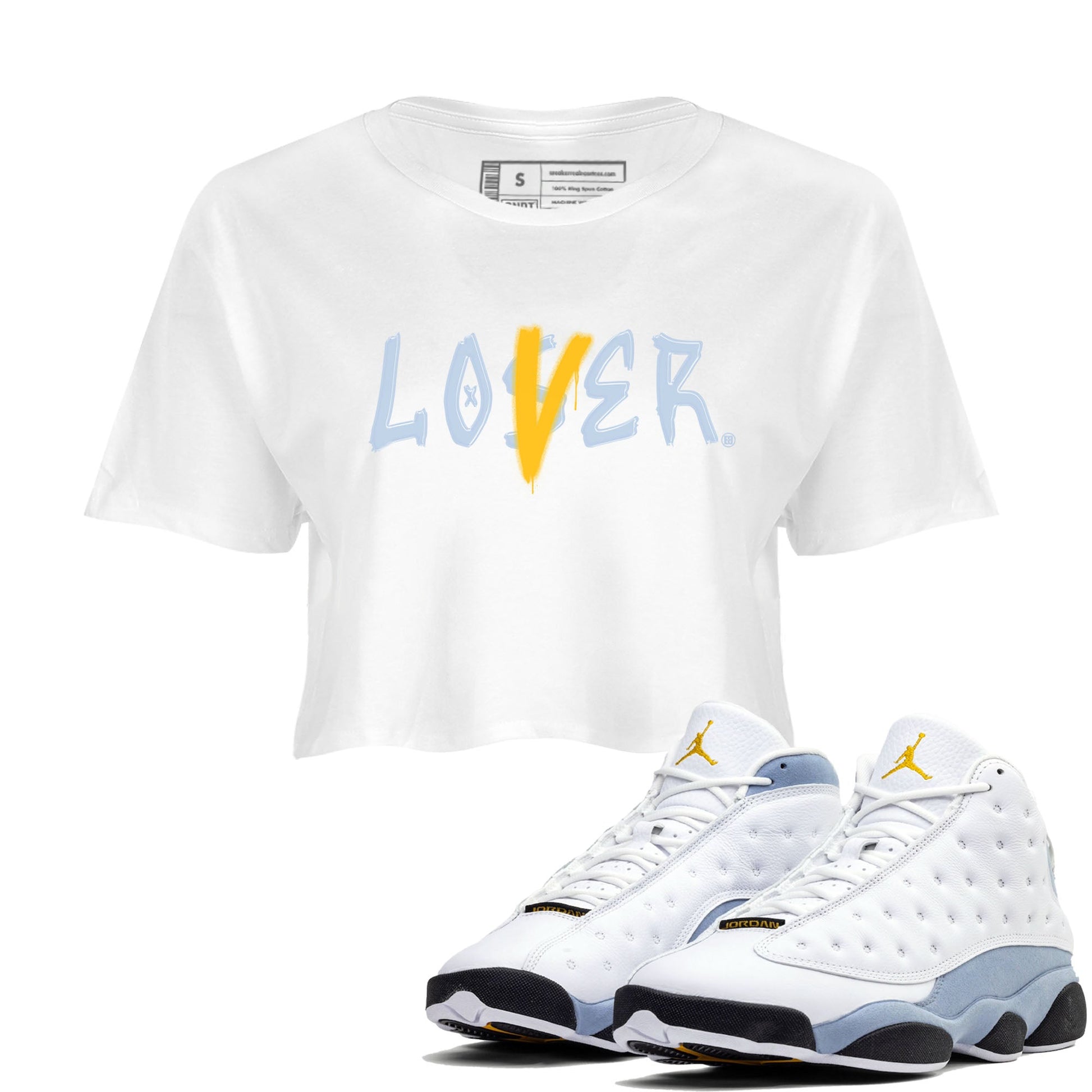 13s Blue Grey shirt to match jordans Loser Lover sneaker tees Air Jordan 13 Retro Blue Grey SNRT Sneaker Release Tees White 1 crop length shirt