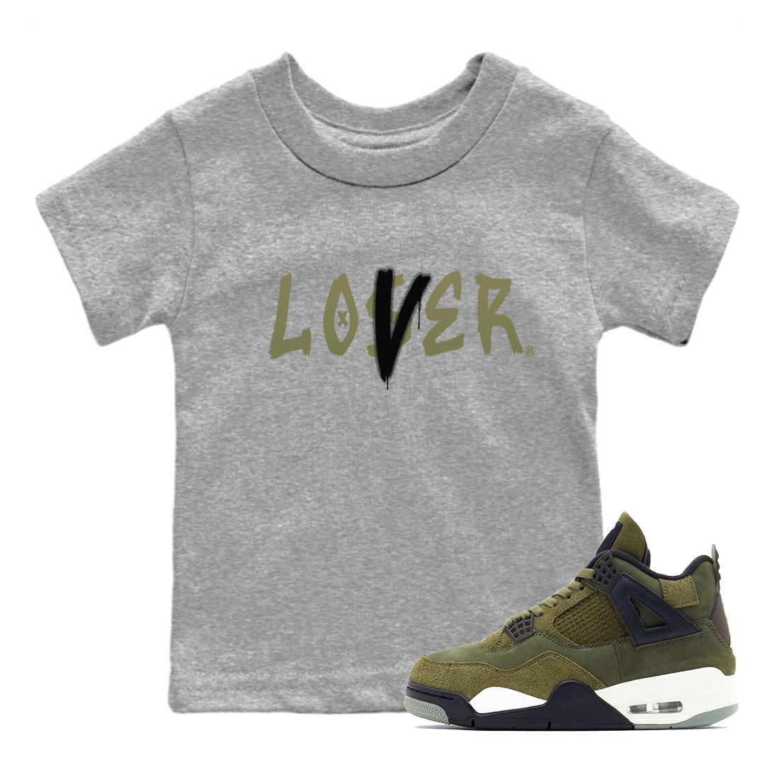 Air Jordan 4 Medium Olive shirt to match jordans Loser Lover sneaker match tees 4s Olive SNRT Sneaker Release Tees Baby Toddler Heather Grey 1 T-Shirt