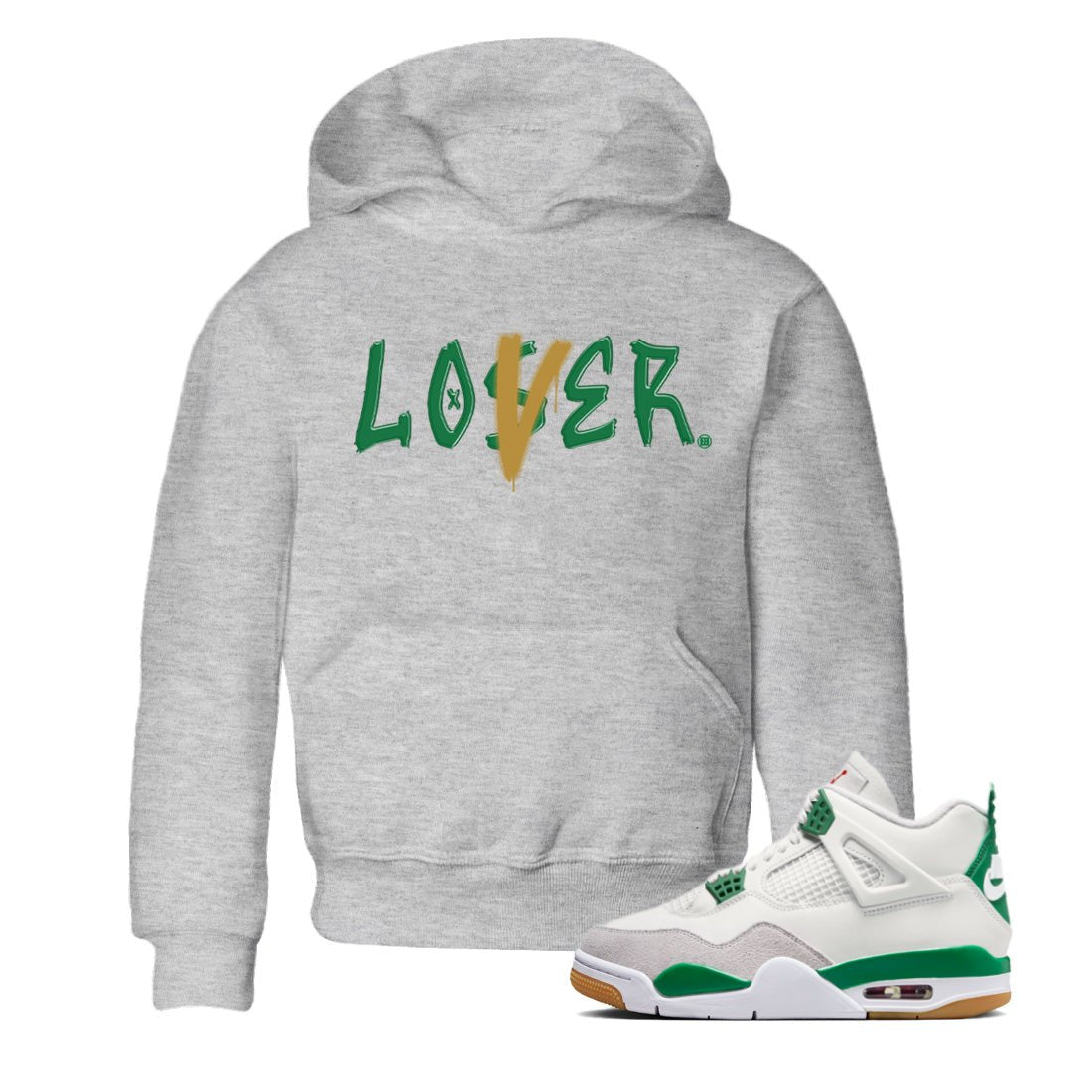 Air Jordan 4 Pine Green Sneaker Match Tees Loser Lover Sneaker Tees Nike SB x Jordan 4 Pine Green Sneaker Release Tees Kids Shirts Heather Grey 1