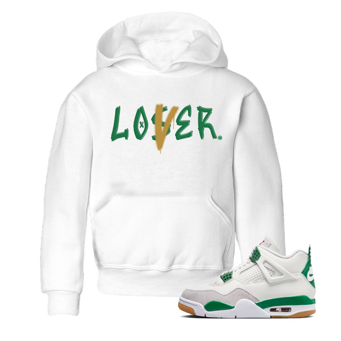 Air Jordan 4 Pine Green Sneaker Match Tees Loser Lover Sneaker Tees Nike SB x Jordan 4 Pine Green Sneaker Release Tees Kids Shirts White 1