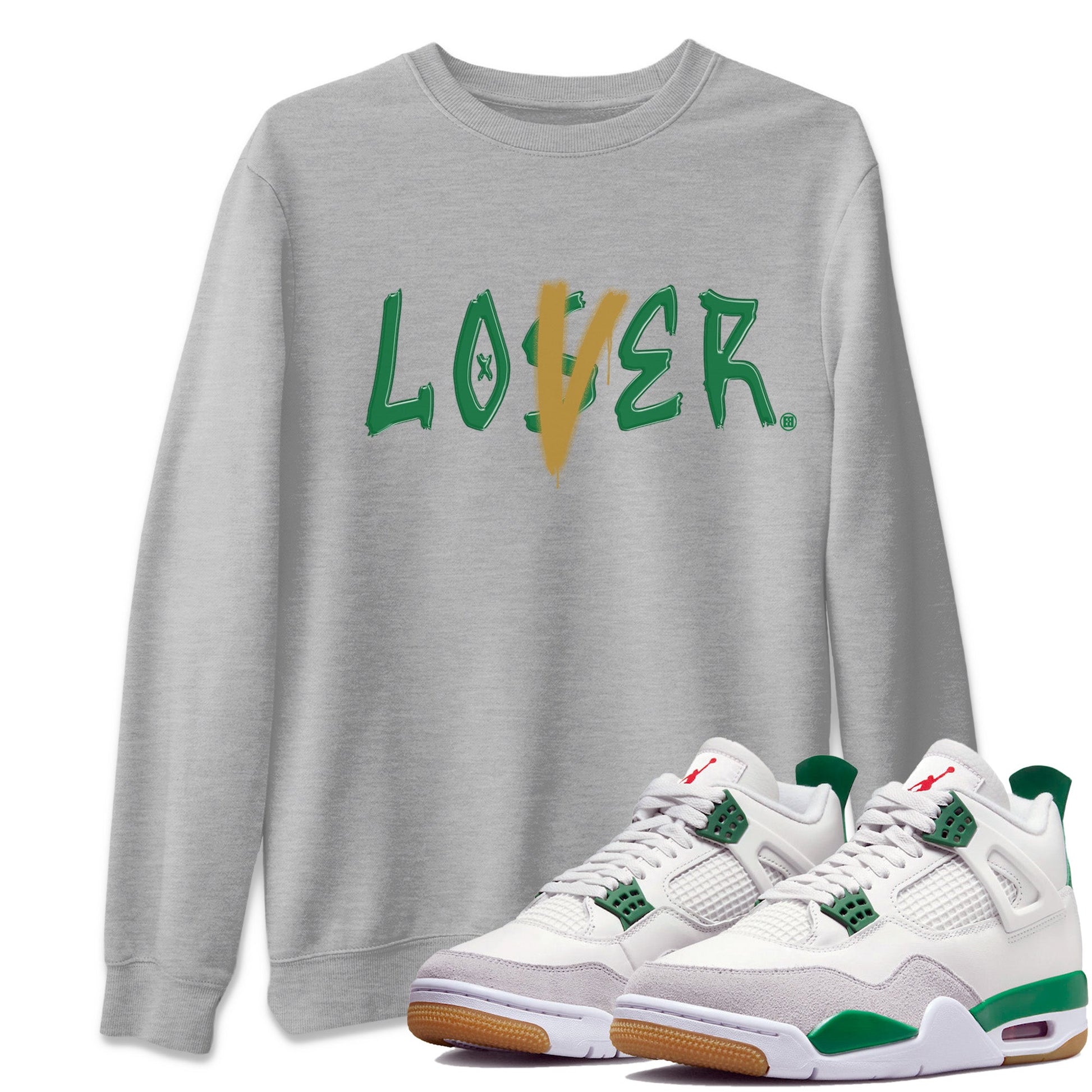Jordan 4 Pine Green SB Sneaker Match Tees Loser Lover Sneaker Tees Nike SB x Jordan 4 Pine Green Sneaker Tees Sneaker Release Shirts Unisex Shirts Heather Grey 1