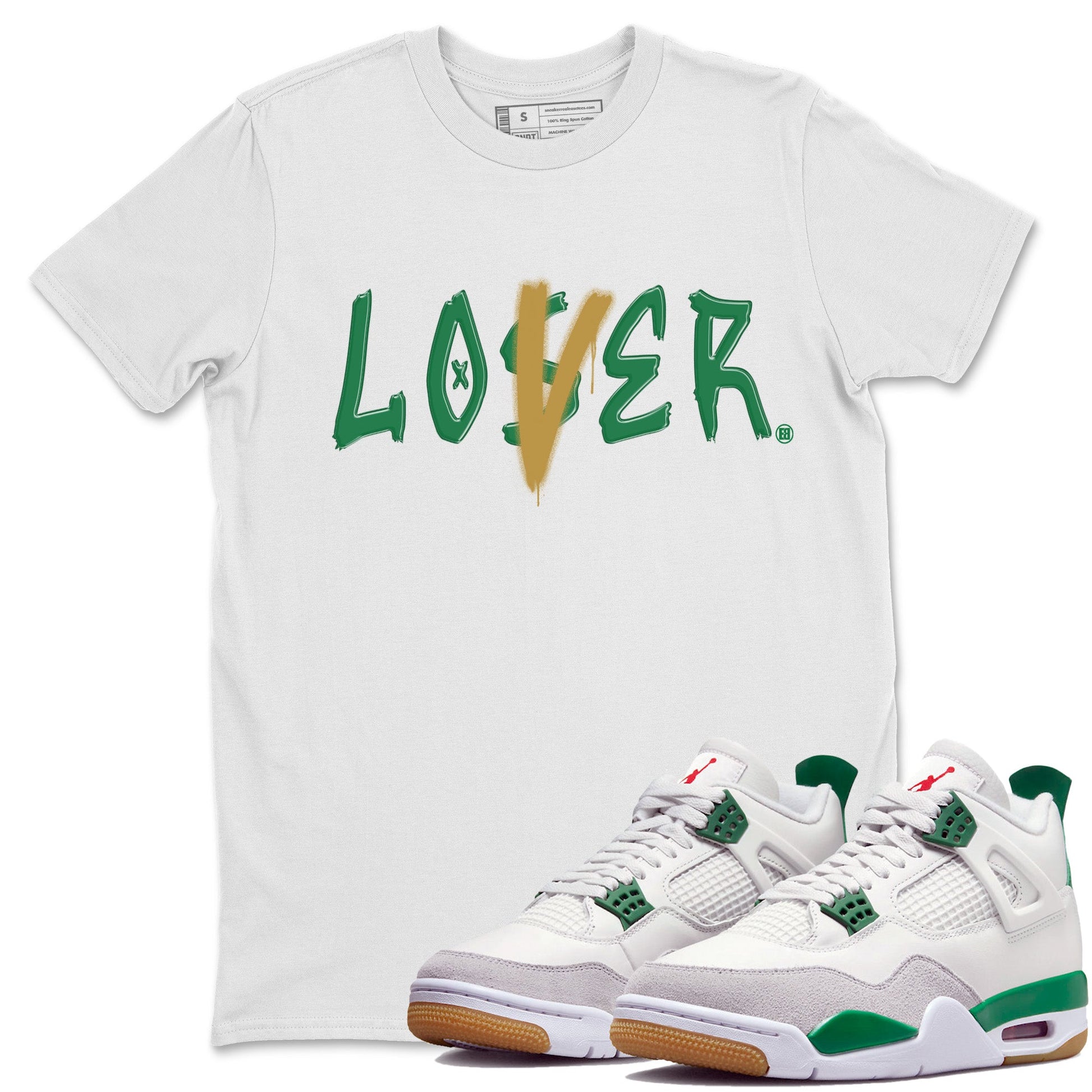 Air Jordan 4 Pine Green Sneaker Match Tees Loser Lover Sneaker Tees Nike SB x Jordan 4 Pine Green Sneaker Release Tees Unisex Shirts White 1