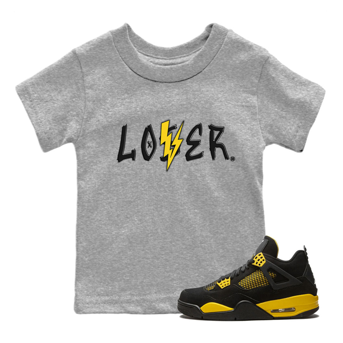 Air Jordan 4 Thunder Sneaker Match Tees Loser Lover Sneaker Tees Air Jordan 4 Retro Thunder Tee Kids Shirts Heather Grey 1