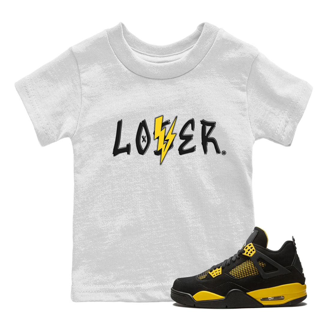 Air Jordan 4 Thunder Sneaker Match Tees Loser Lover Sneaker Tees Air Jordan 4 Retro Thunder Tee Kids Shirts White 1
