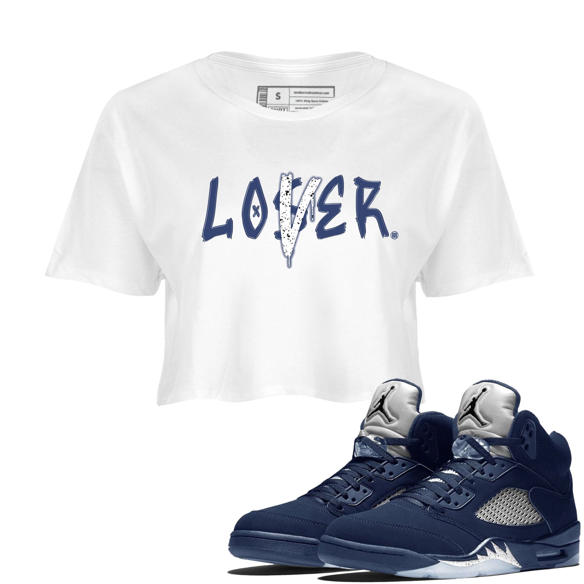 Jordan 5 Retro Midnight Navy shirt to match jordans Navy Loser Lover sneaker tees Air Jordan 5 Georgetown 5s Navy SNRT Sneaker Tees White 1 Crop T-Shirt