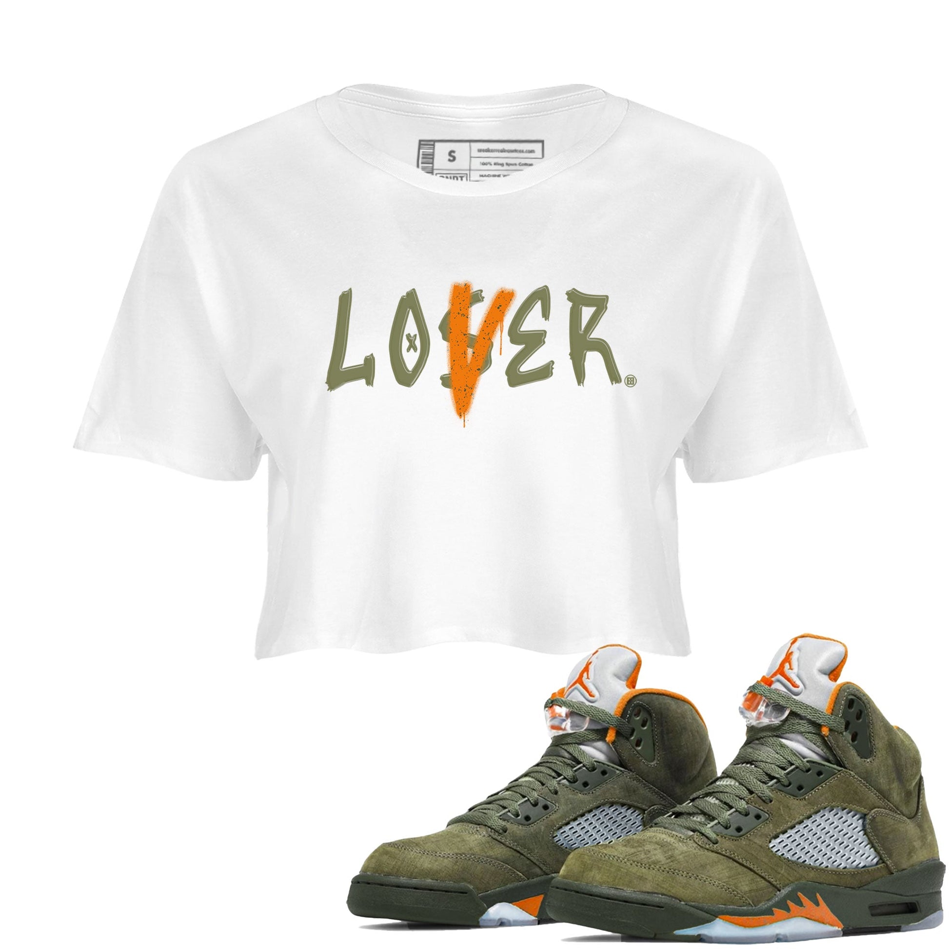 5s Olive shirt to match jordans Loser Lover sneaker tees Air Jordan 5 Olive SNRT Sneaker Release Tees White 1 crop length shirt