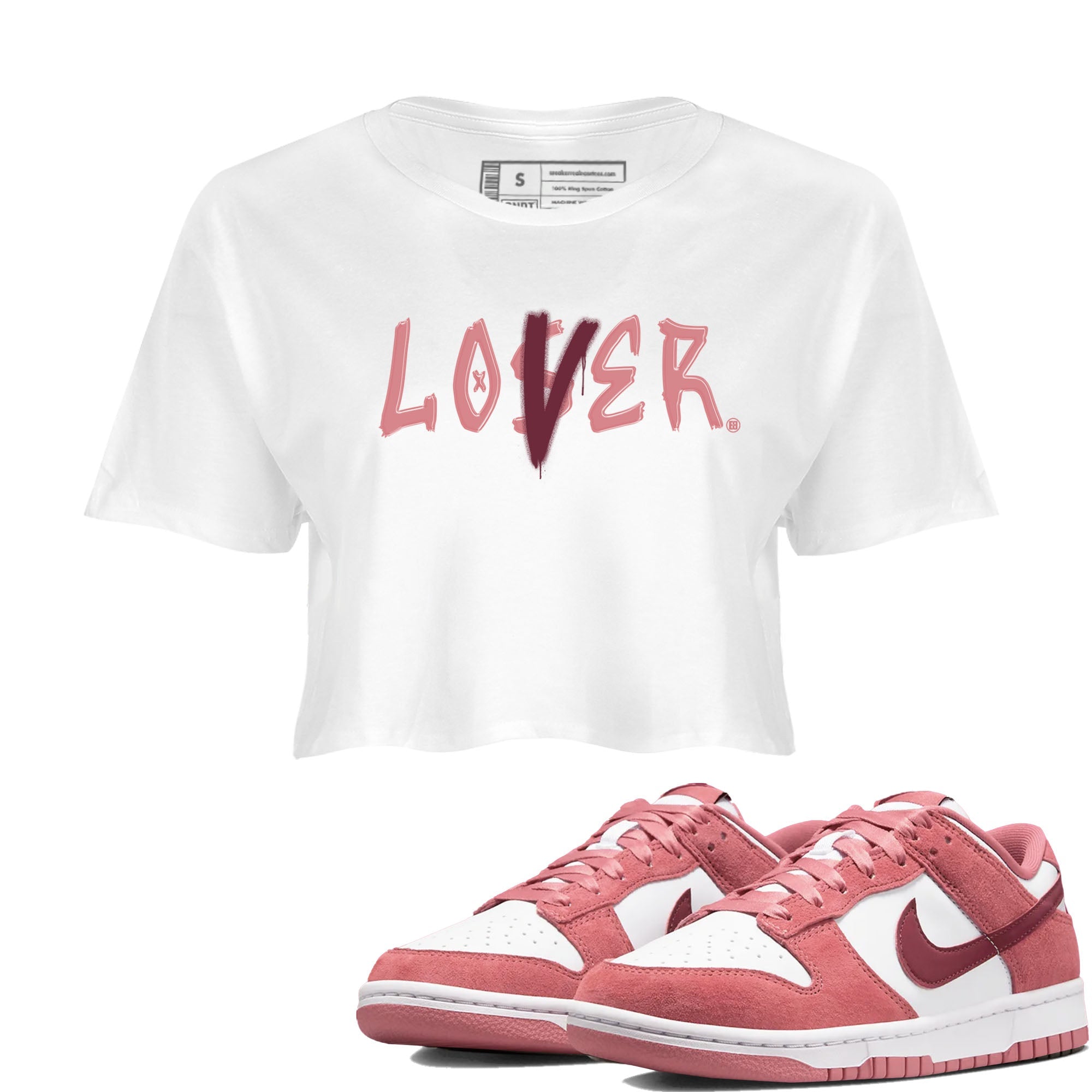 Dunks Valentine's Day shirt to match jordans Special Valentine Day Clothes jordans Loser Lover sneaker tees Dunk Valentine's Day SNRT Sneaker Release Tees White 1 crop length shirt