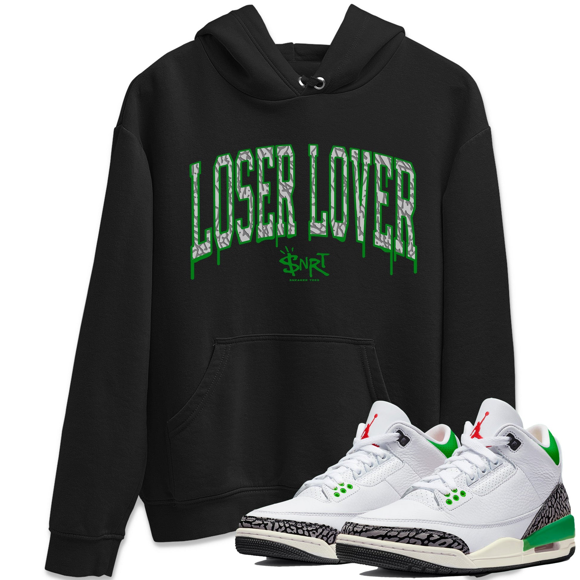 Air Jordan 3 Lucky Green Sneaker Match Tees Loser Lover Letter Sneaker Tees Air Jordan 3 WMNS Lucky Green Sneaker Release Tees Unisex Shirts Black 1