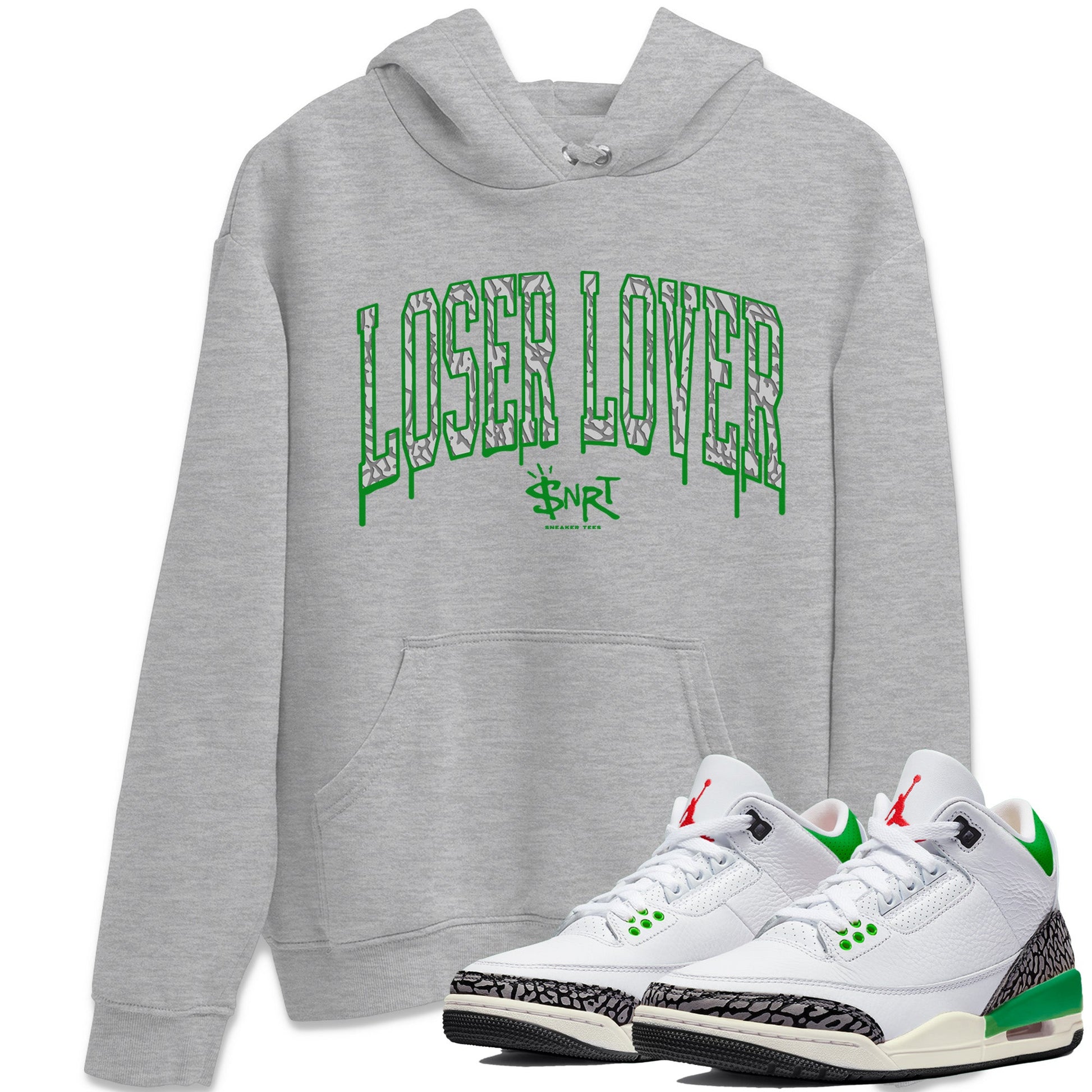 Air Jordan 3 Lucky Green Sneaker Match Tees Loser Lover Letter Sneaker Tees Air Jordan 3 WMNS Lucky Green Sneaker Release Tees Unisex Shirts Heather Grey 1
