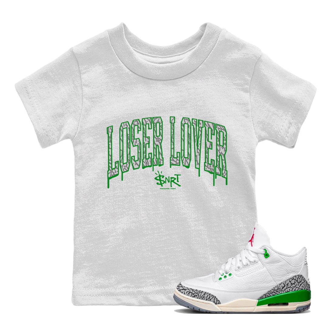 Air Jordan 3 Lucky Green Sneaker Match Tees Loser Lover Letter Sneaker Tees Air Jordan 3 WMNS Lucky Green Sneaker Release Tees Kids Shirts White 1