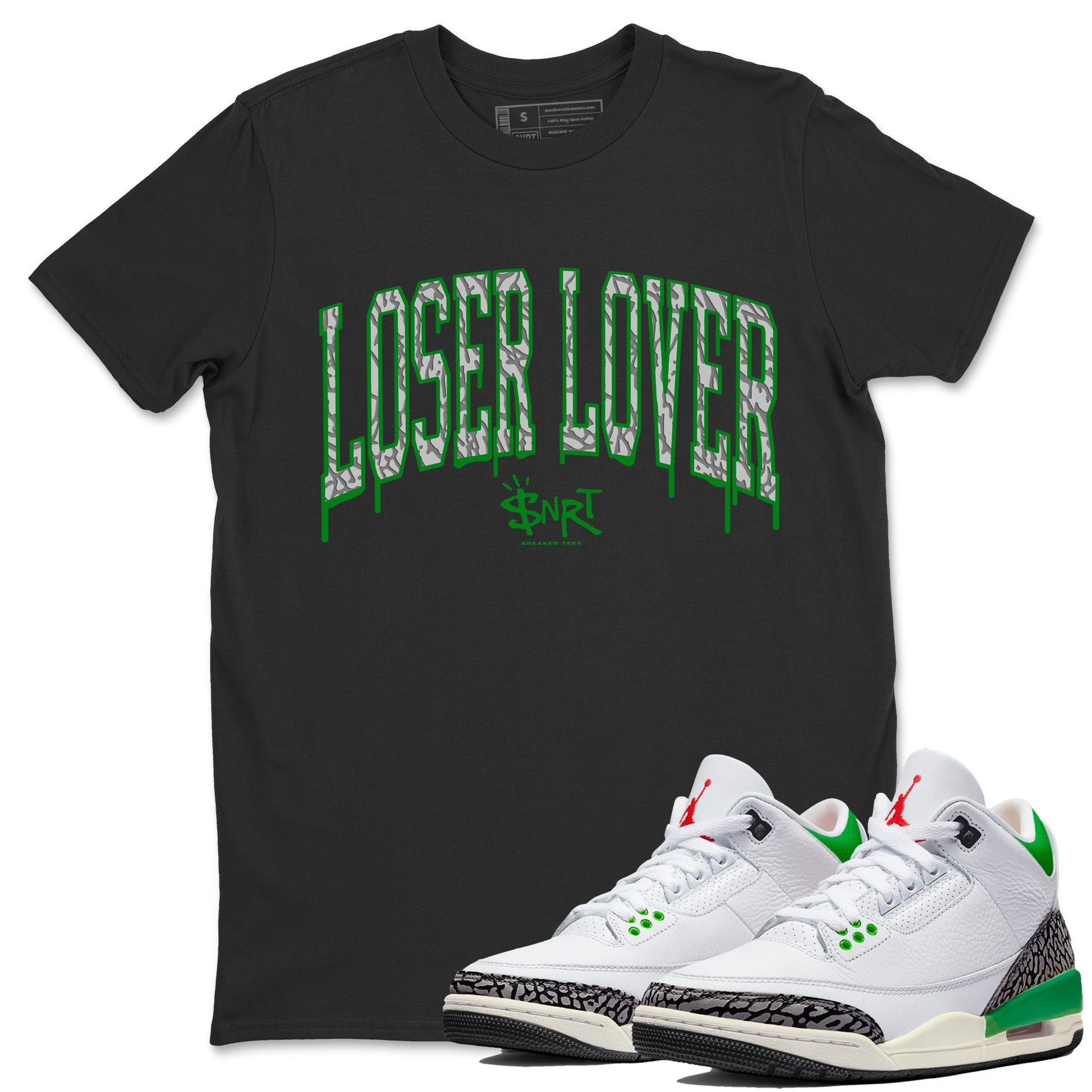 Air Jordan 3 Lucky Green Sneaker Match Tees Loser Lover Letter Sneaker Tees Air Jordan 3 WMNS Lucky Green Sneaker Release Tees Unisex Shirts Black 1