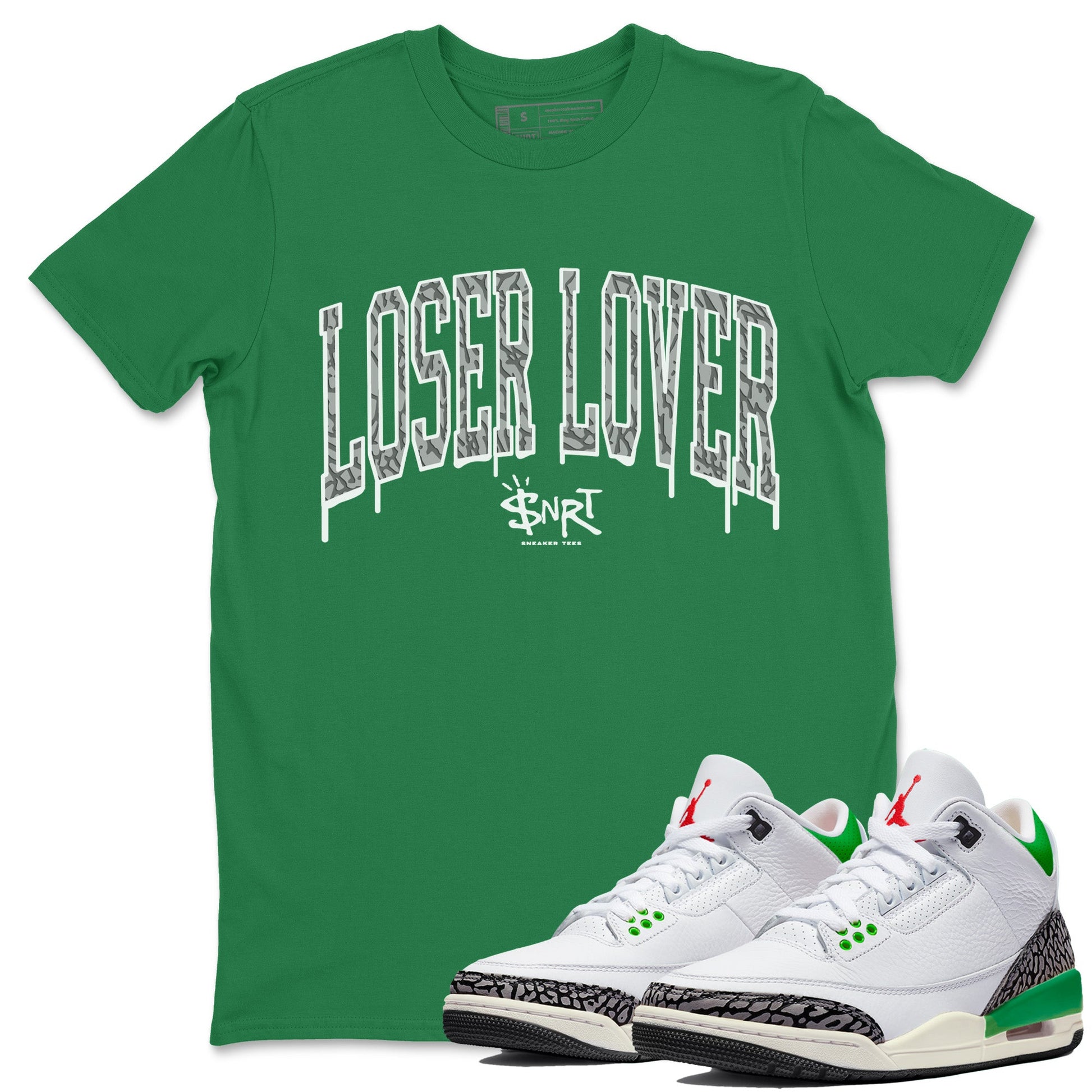 Air Jordan 3 Lucky Green Loser Lover Letter Crew Neck Sneaker Tees Air Jordan 3 WMNS Lucky Green Sneaker T-Shirts Size Chart