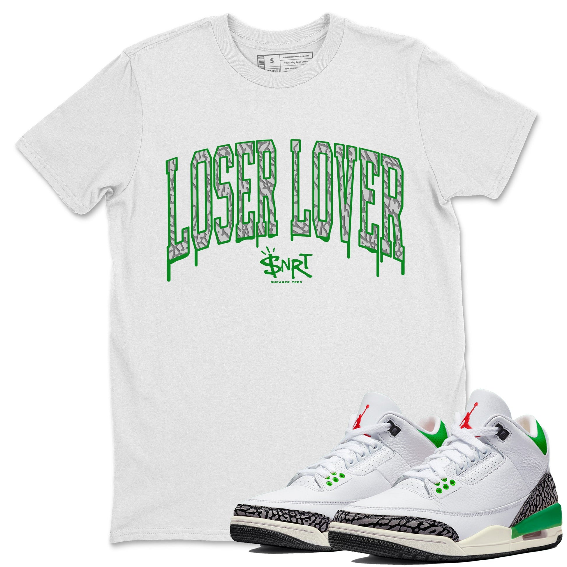 Air Jordan 3 Lucky Green Sneaker Match Tees Loser Lover Letter Sneaker Tees Air Jordan 3 WMNS Lucky Green Sneaker Release Tees Unisex Shirts White 1