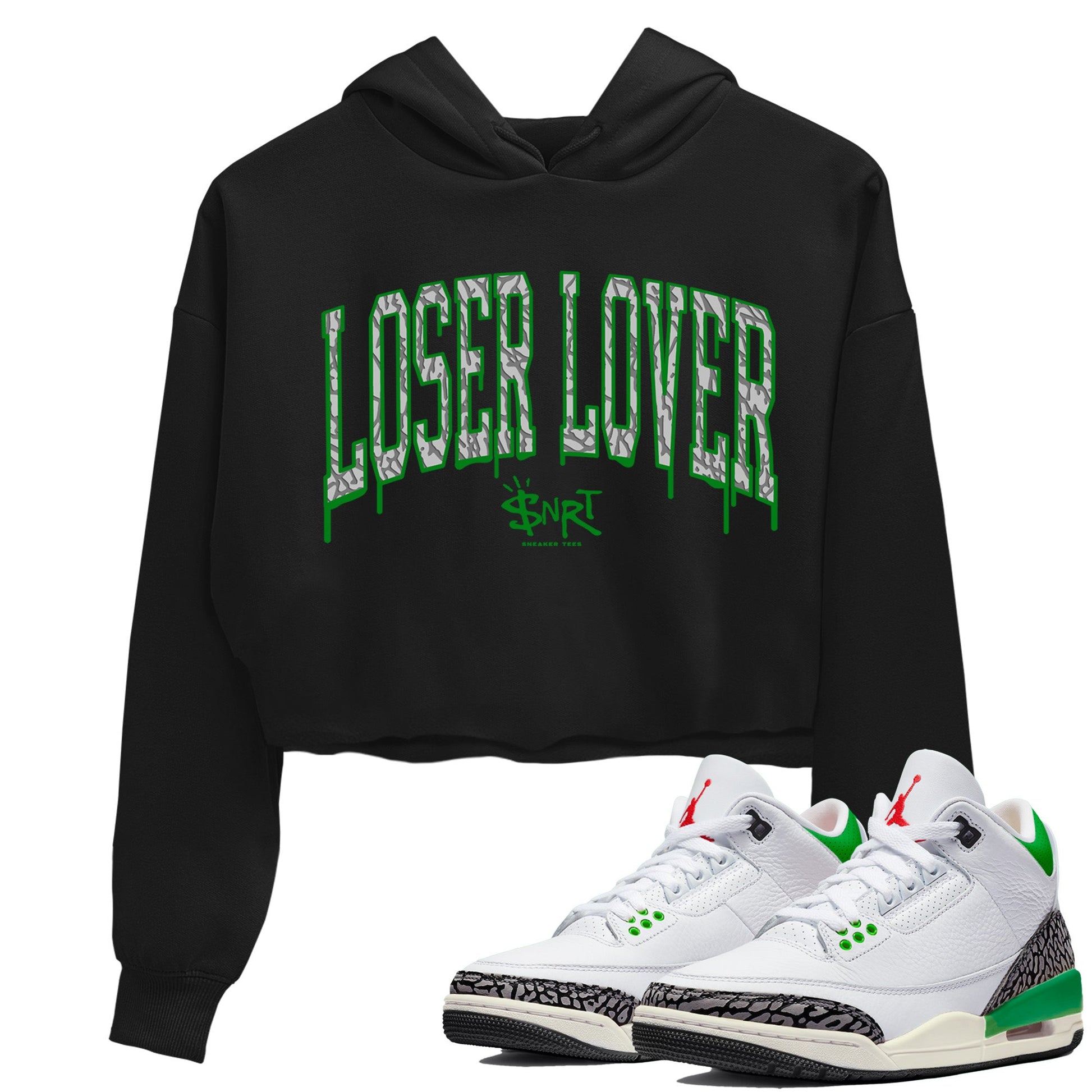Air Jordan 3 Lucky Green Sneaker Match Tees Loser Lover Letter Sneaker Tees Air Jordan 3 WMNS Lucky Green Sneaker Release Tees Women's Shirts Black 1