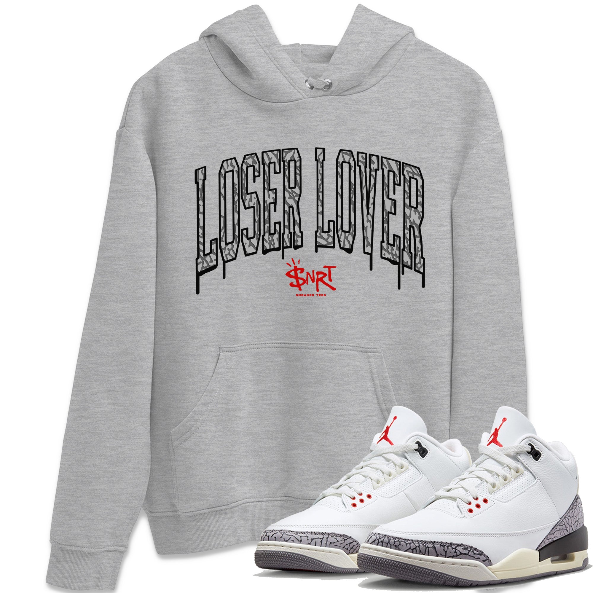 Air Jordan 3 White Cement Sneaker Match Tees Loser Lover Letter Sneaker Tees Air Jordan 3 Retro White Cement Sneaker Release Tees Unisex Shirts Heather Grey 1
