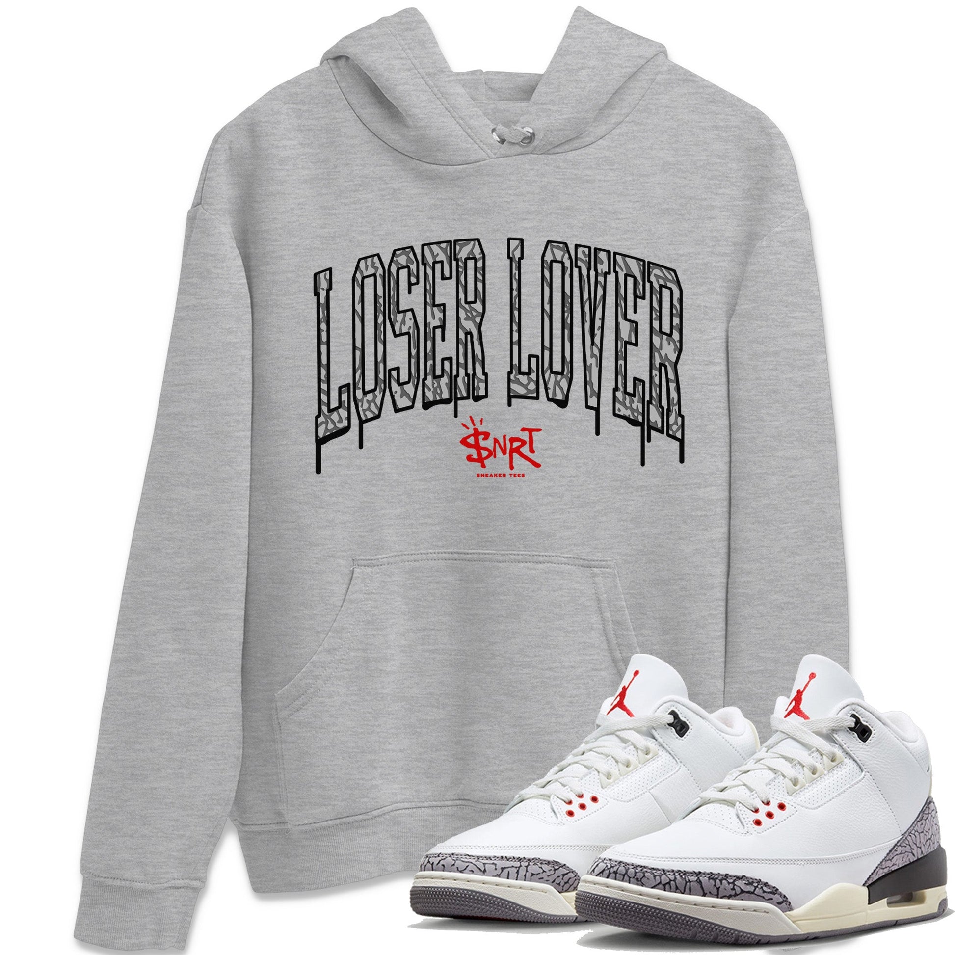 Air Jordan 3 White Cement Sneaker Match Tees Loser Lover Letter Sneaker Tees Air Jordan 3 Retro White Cement Sneaker Release Tees Unisex Shirts Heather Grey 1
