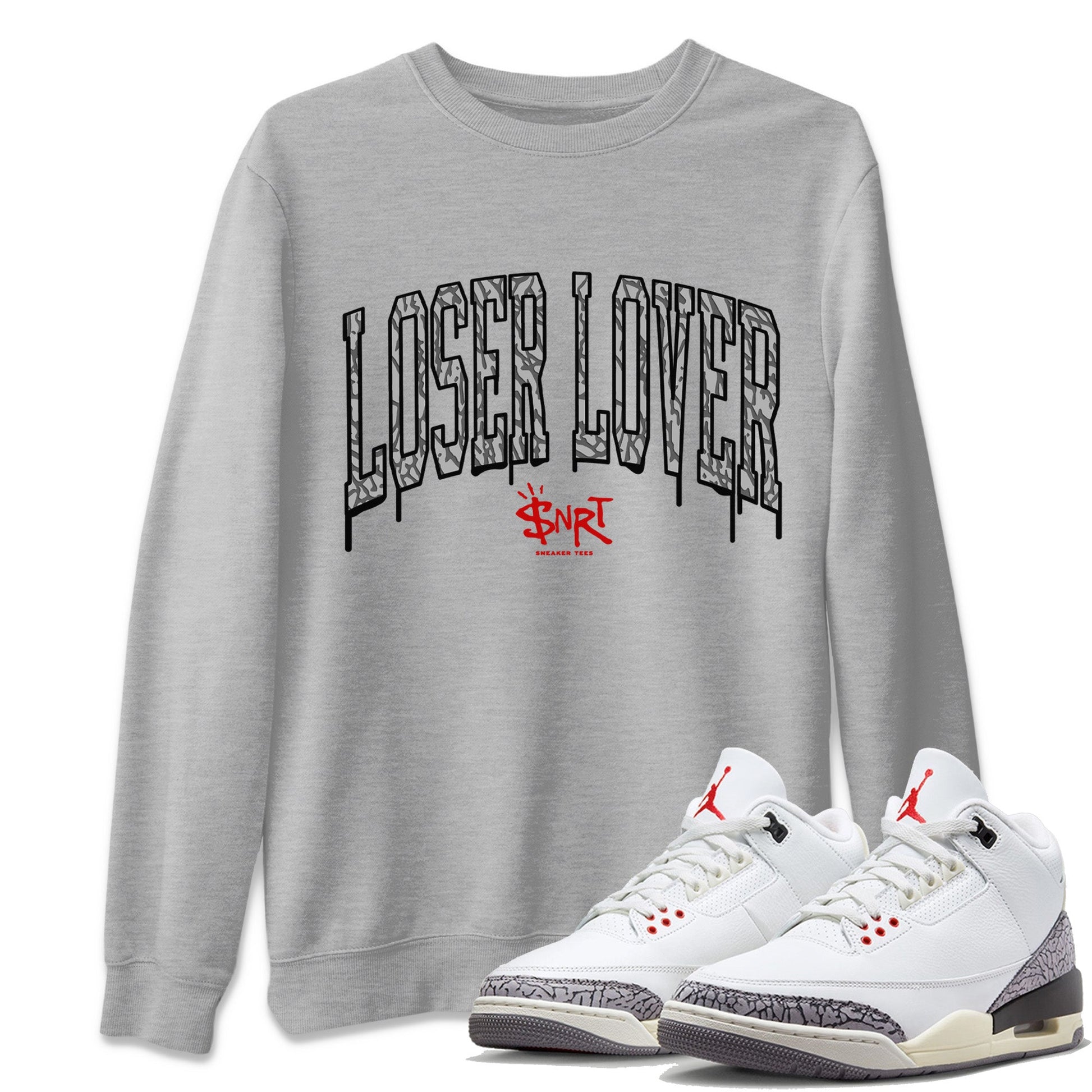 Air Jordan 3 White Cement Sneaker Match Tees Loser Lover Letter Sneaker Tees Air Jordan 3 Retro White Cement Sneaker Release Tees Unisex Shirts Heather Grey 1