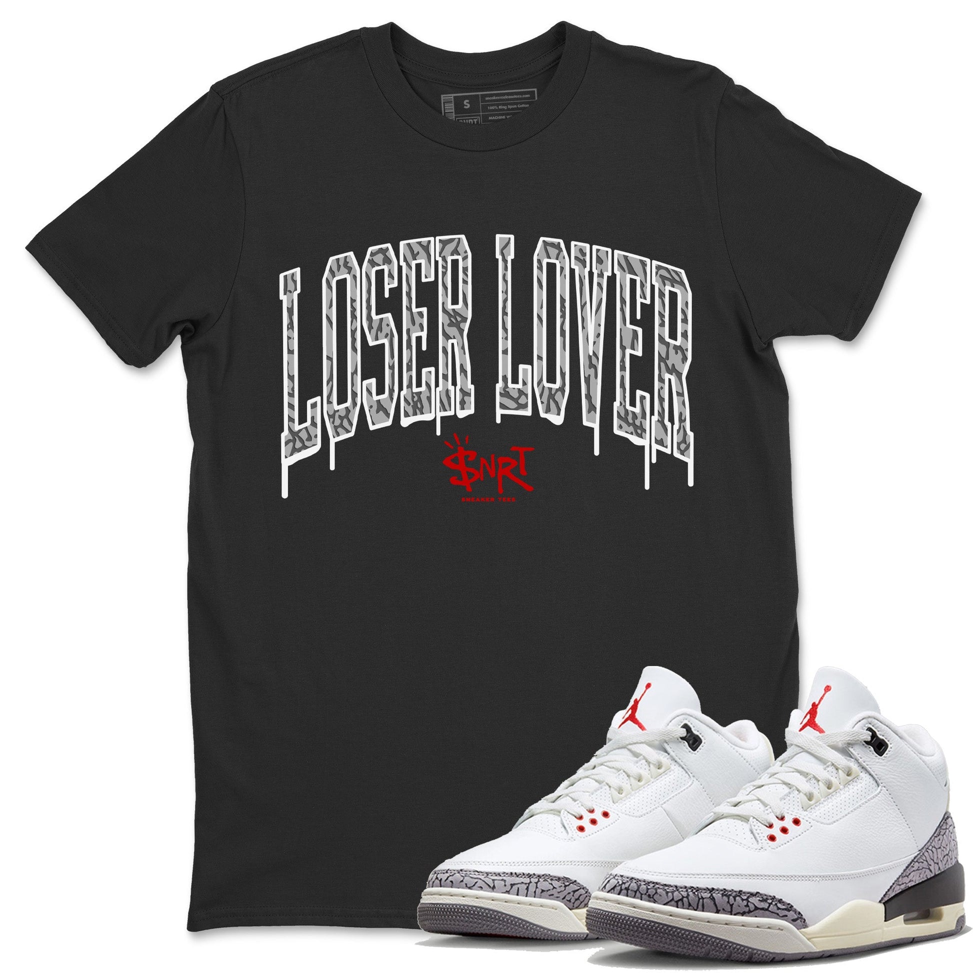 Air Jordan 3 White Cement Sneaker Match Tees Loser Lover Letter Sneaker Tees Air Jordan 3 Retro White Cement Sneaker Release Tees Unisex Shirts Black 1