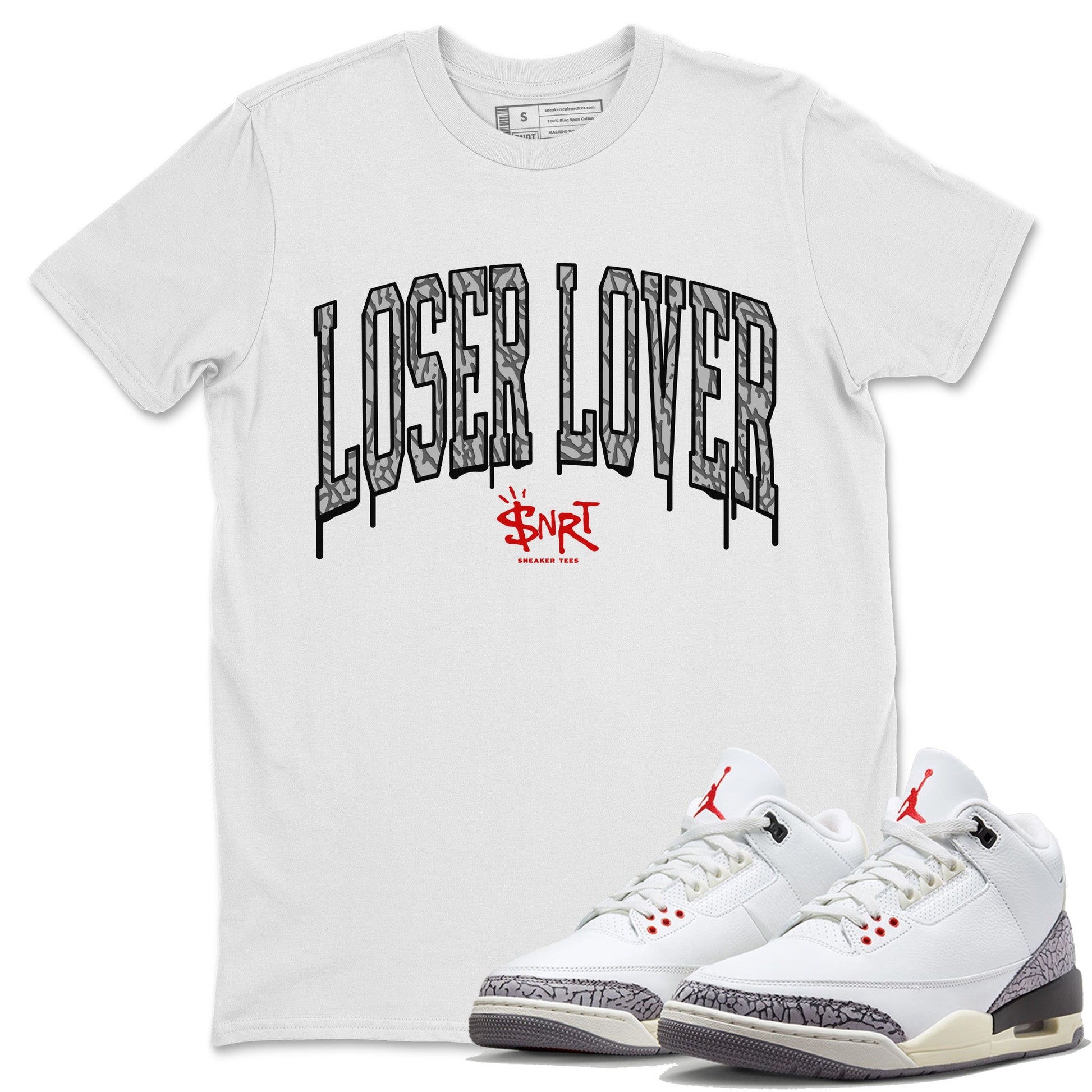 Air Jordan 3 White Cement Sneaker Match Tees Loser Lover Letter Sneaker Tees Air Jordan 3 Retro White Cement Sneaker Release Tees Unisex Shirts White 1