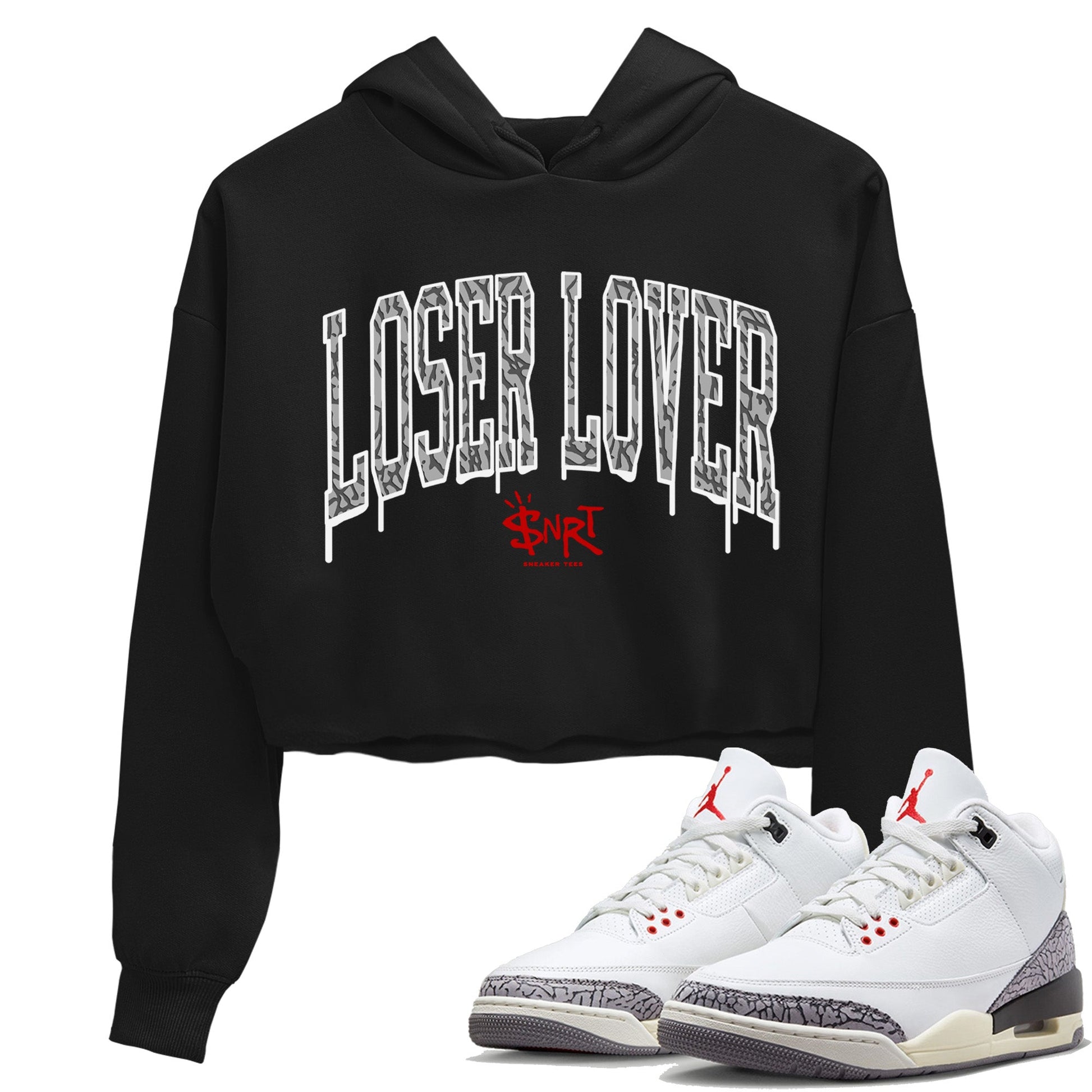 Air Jordan 3 White Cement Sneaker Match Tees Loser Lover Letter Sneaker Tees Air Jordan 3 Retro White Cement Sneaker Release Tees Women's Shirts Black 1