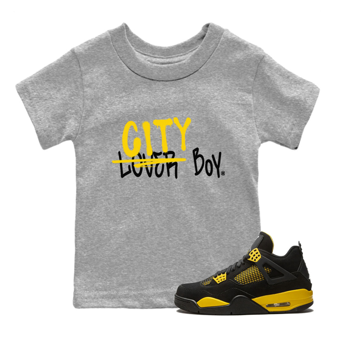 Air Jordan 4 Thunder Sneaker Match Tees Loser X City Boy Sneaker Tees Air Jordan 4 Retro Thunder Tee Kids Shirts Heather Grey 1