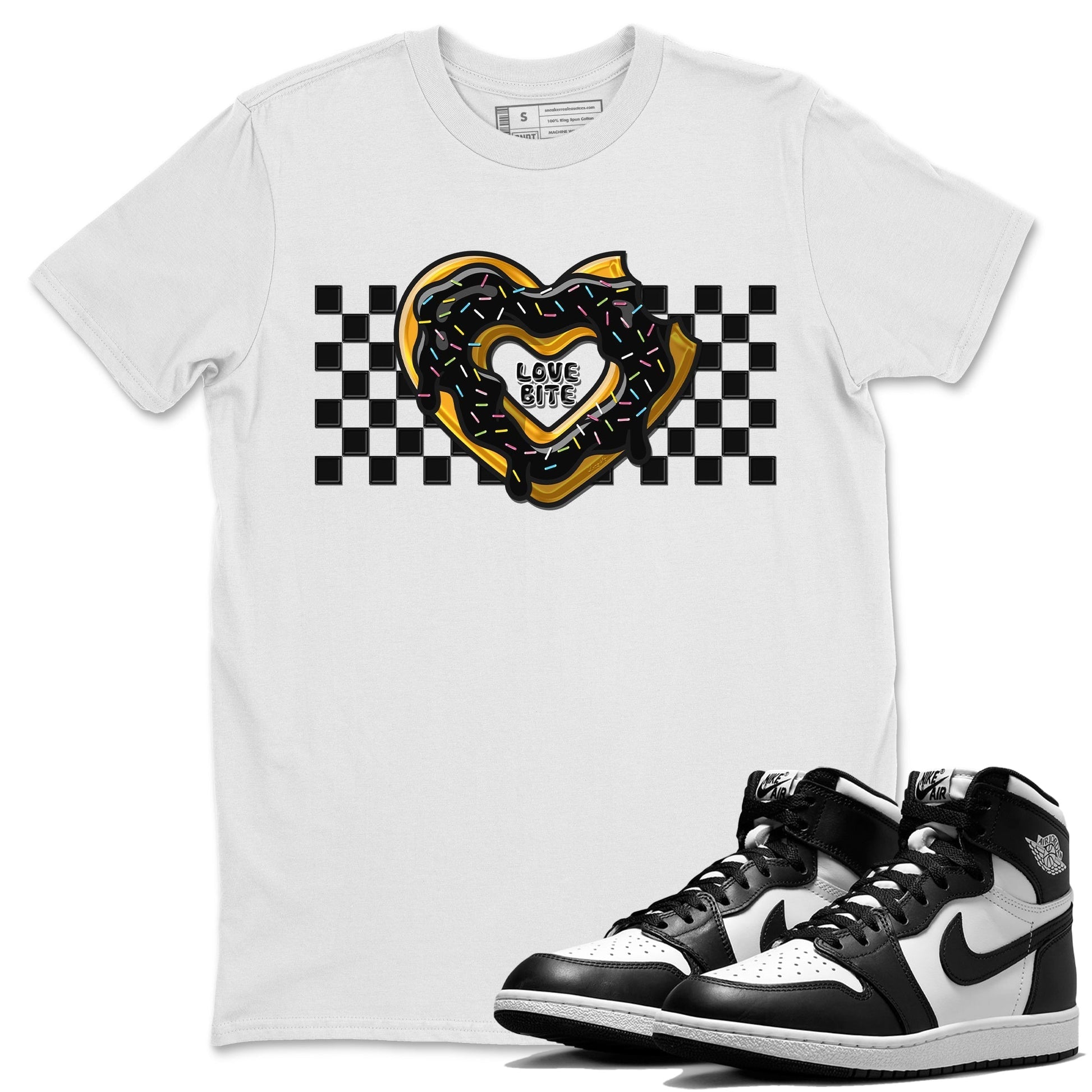Air Jordan 1 Black White Sneaker Match Tees Love Bite Sneaker Tees Air Jordan 1 Black White Sneaker Release Tees Unisex Shirts