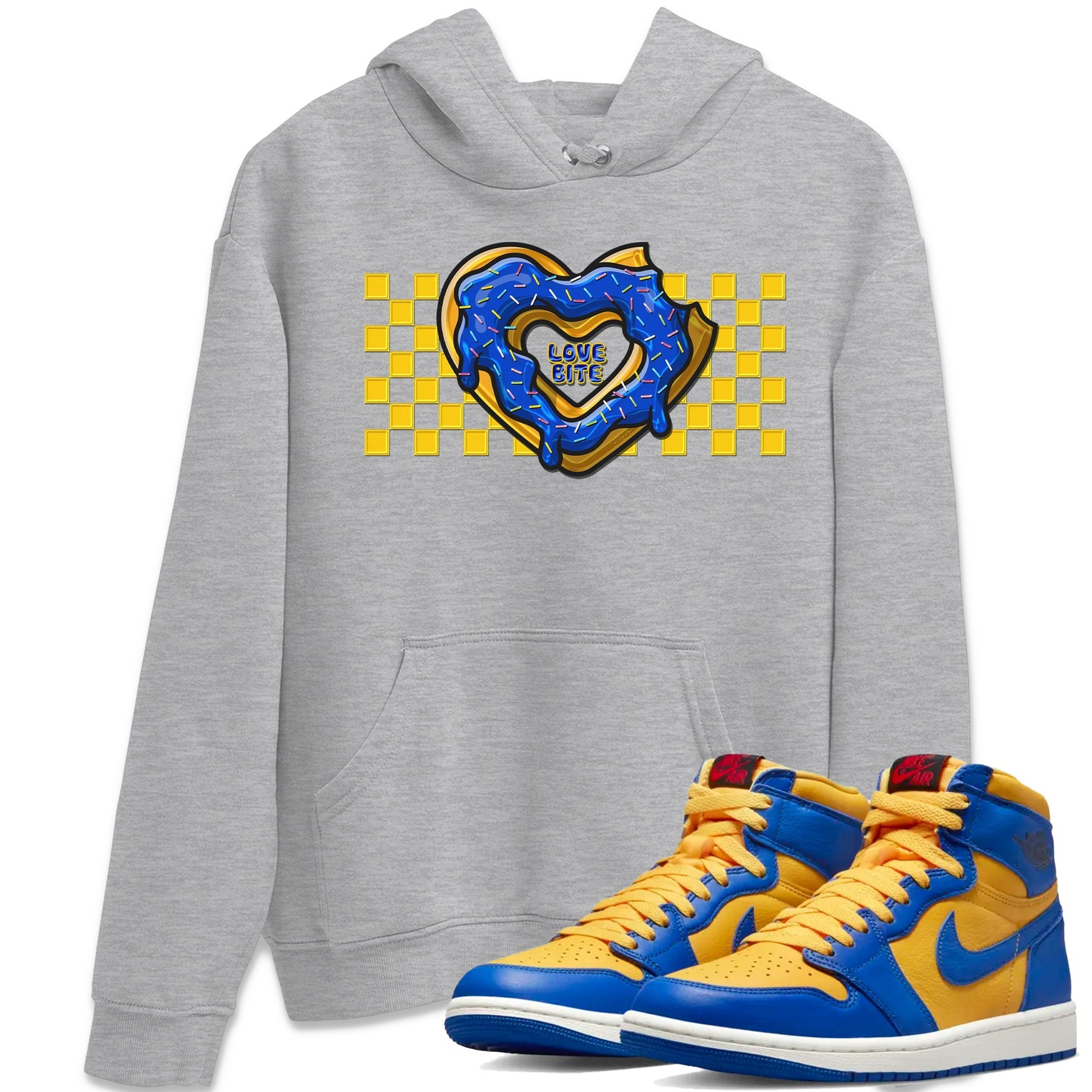 Jordan 1 Game Royal and Varsity Maize Sneaker Match Tees Love Bite Sneaker Tees Jordan 1 Game Royal and Varsity Maize Sneaker Release Tees Unisex Shirts