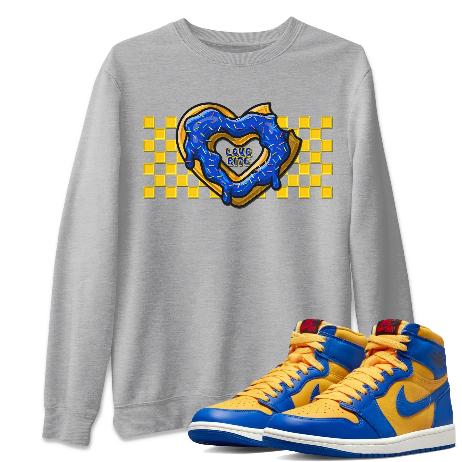 Jordan 1 Game Royal and Varsity Maize Sneaker Match Tees Love Bite Sneaker Tees Jordan 1 Game Royal and Varsity Maize Sneaker Release Tees Unisex Shirts