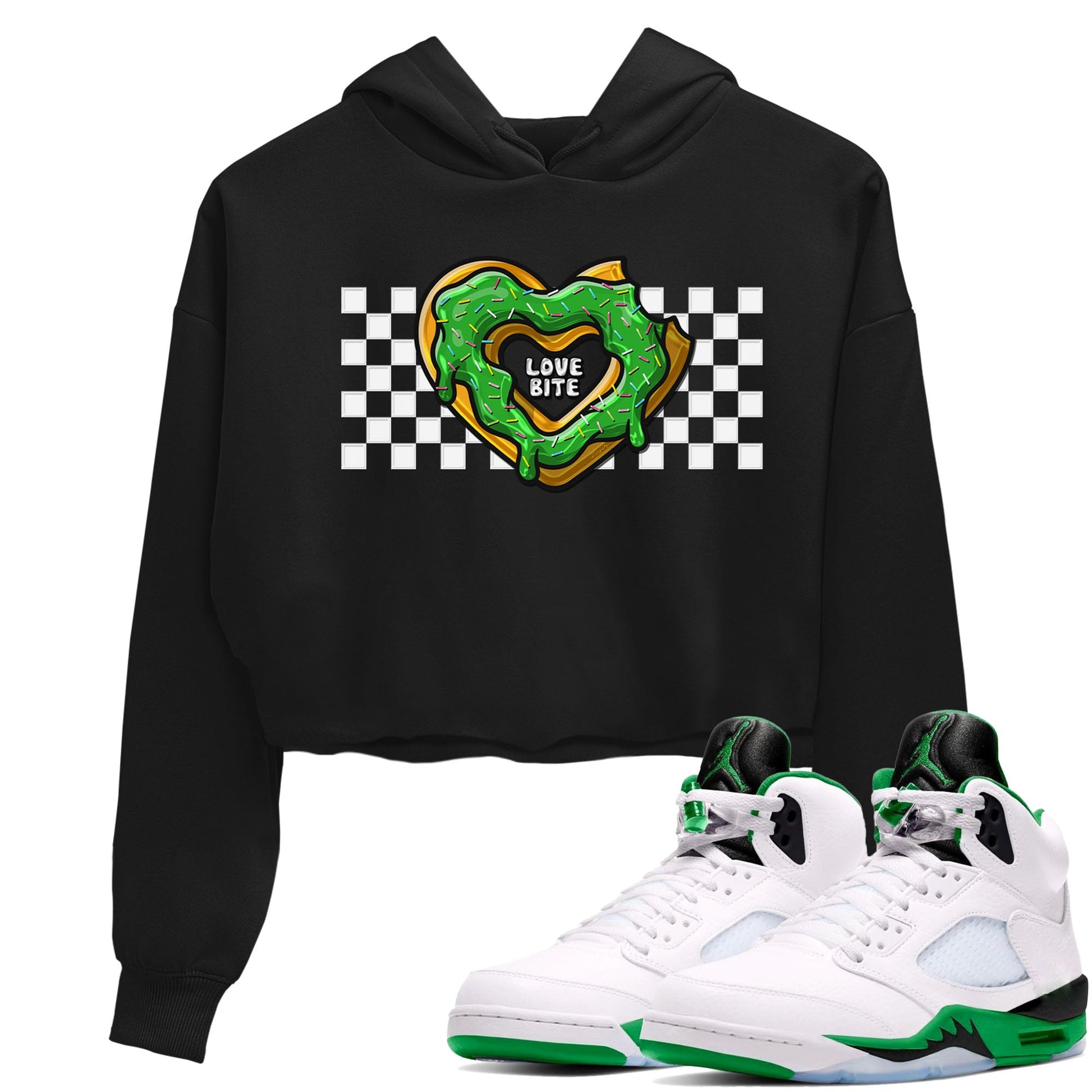 5s Lucky Green shirt to match jordans Love Bite sneaker tees Air Jordan 5 Lucky Green SNRT Sneaker Release Tees Black 1 crop length shirt