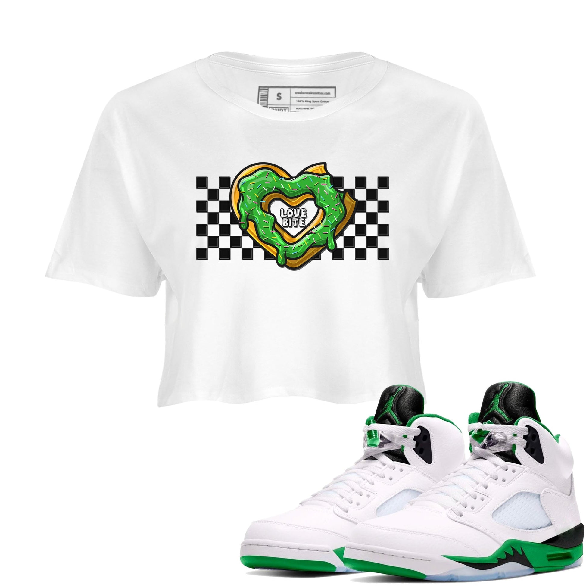 5s Lucky Green shirt to match jordans Love Bite sneaker tees Air Jordan 5 Lucky Green SNRT Sneaker Release Tees White 1 crop length shirt