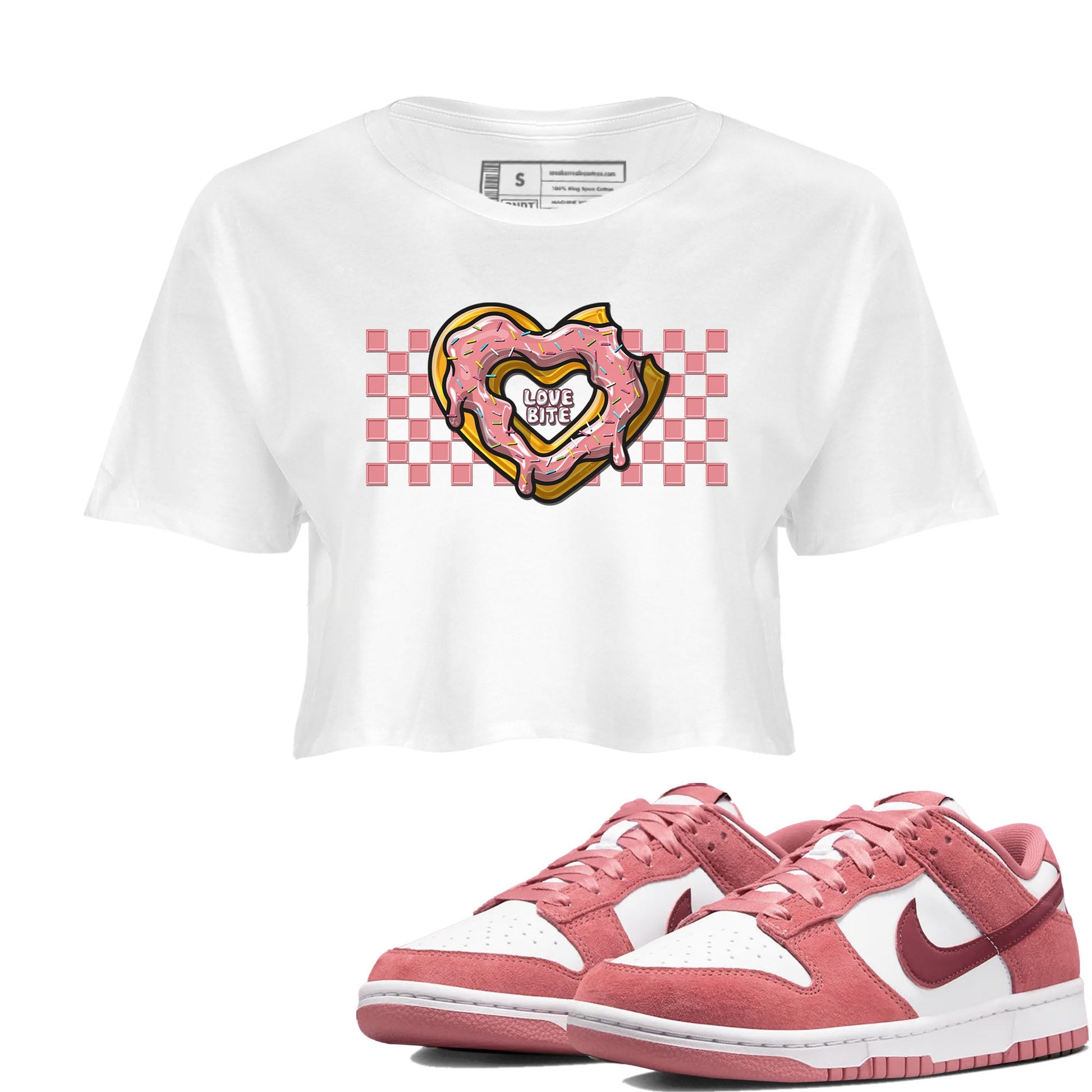 Dunk Valentine's Day shirt to match jordans Love Bite sneaker tees Dunks Valentine's Day SNRT sneaker Release Tees White 1 crop length shirt