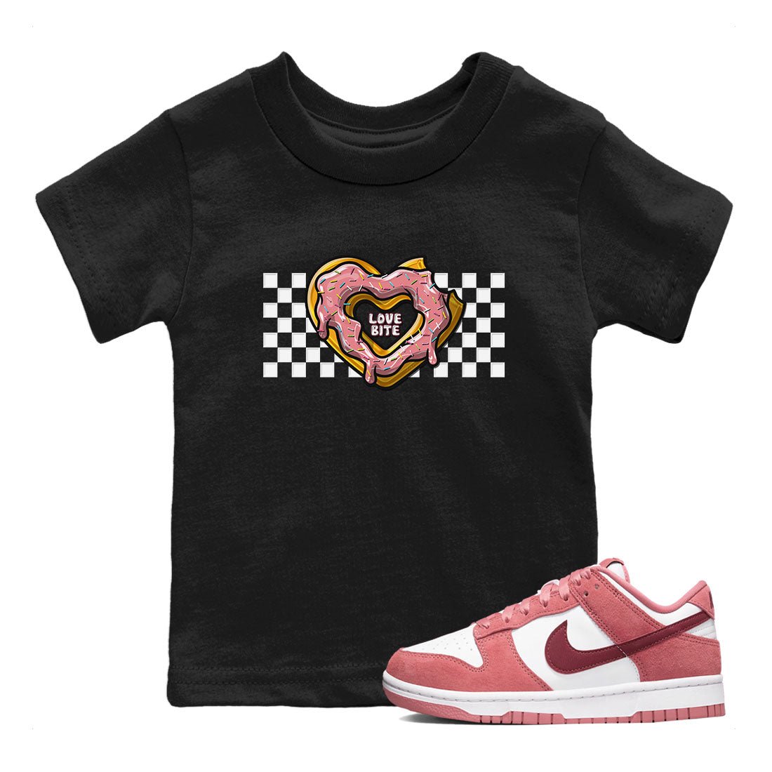 Dunk Valentine's Day shirt to match jordans Love Bite sneaker tees Dunks Valentine's Day SNRT sneaker release tees baby toddler Black 1 cotton Shirt