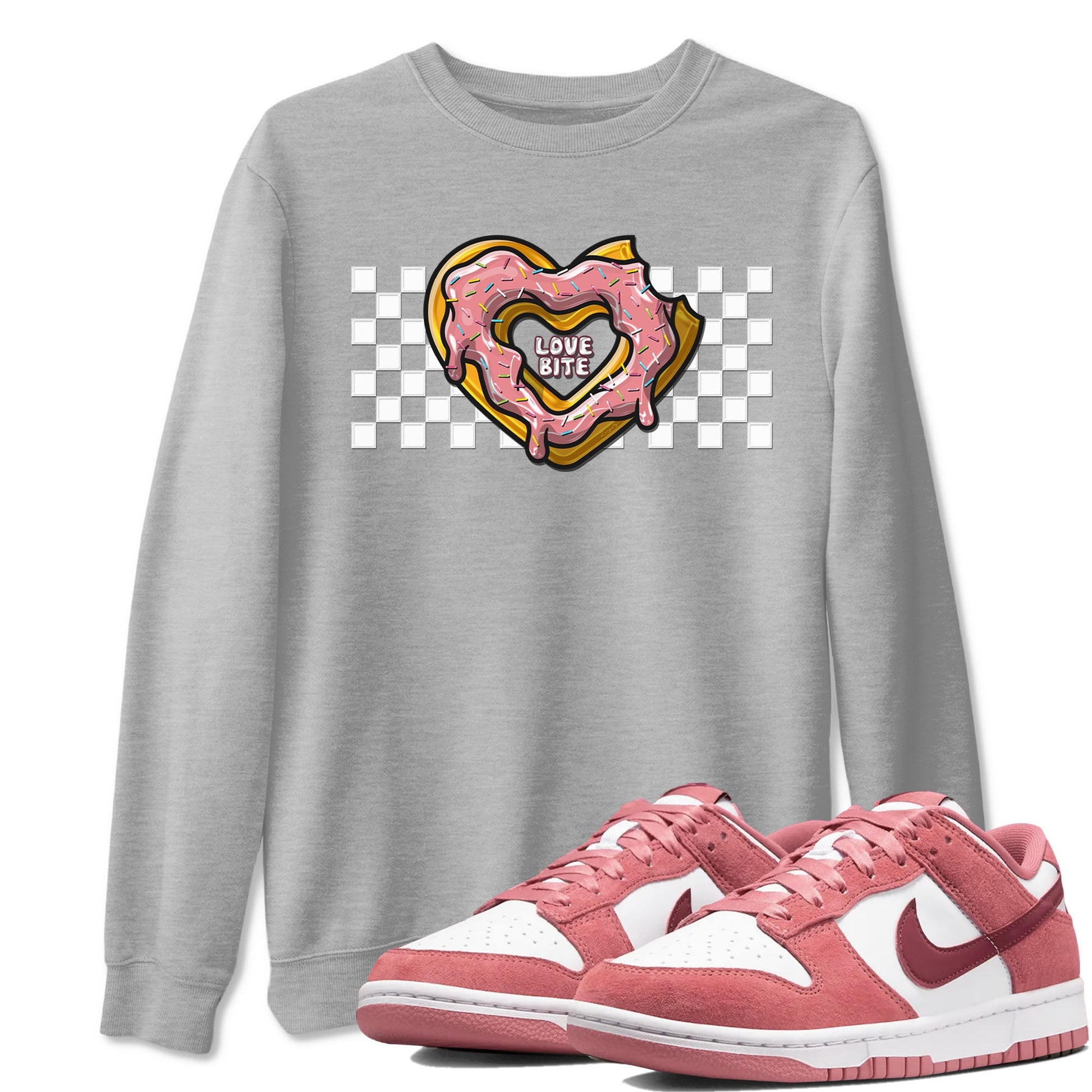 Dunk Valentine's Day shirt to match jordans Love Bite sneaker tees Dunks Valentine's Day SNRT sneaker Release Tees unisex cotton Heather Grey 1 crew neck shirt