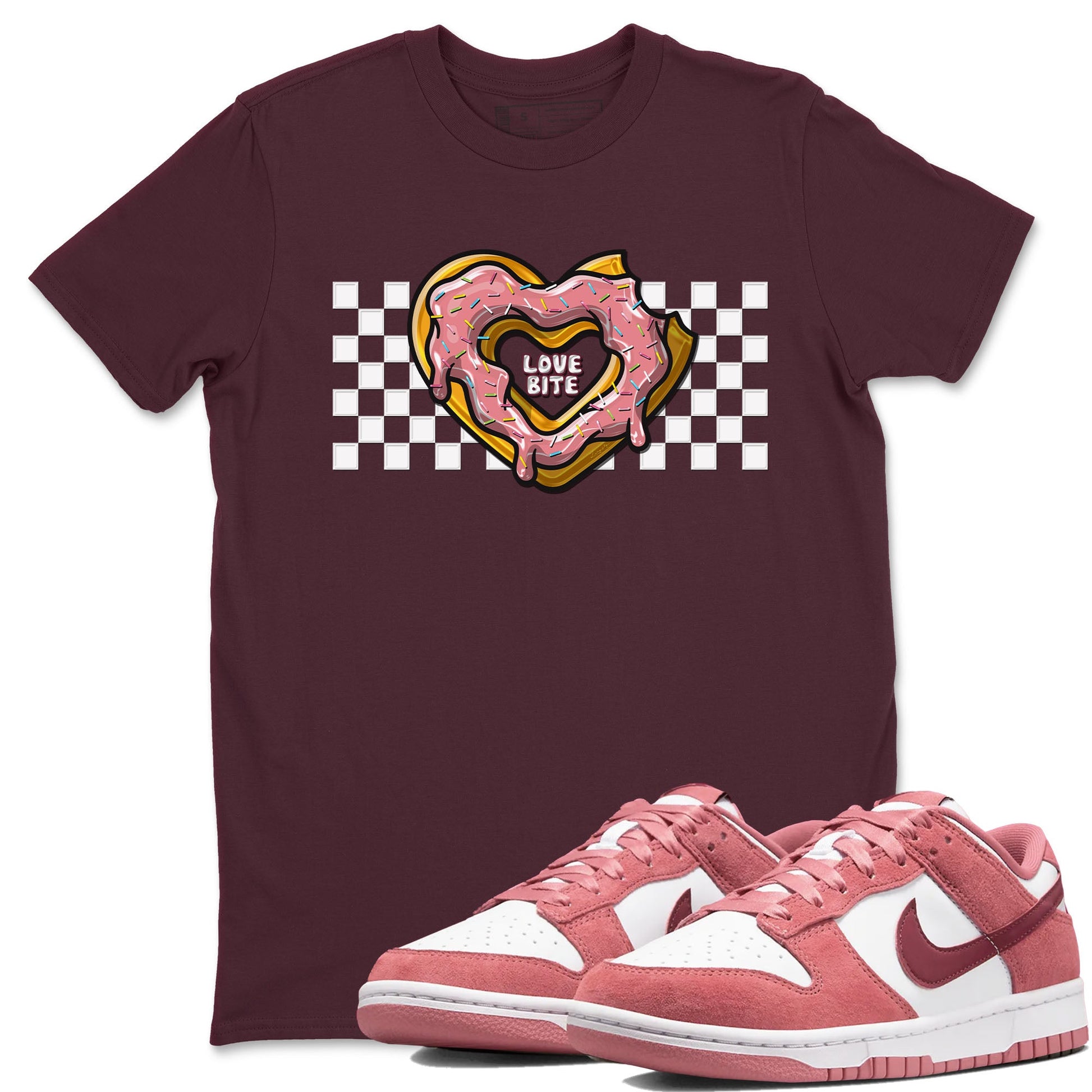 Dunk Valentine's Day shirt to match jordans Love Bite sneaker tees Dunks Valentine's Day SNRT sneaker Release Tees unisex cotton Maroon 1 crew neck shirt