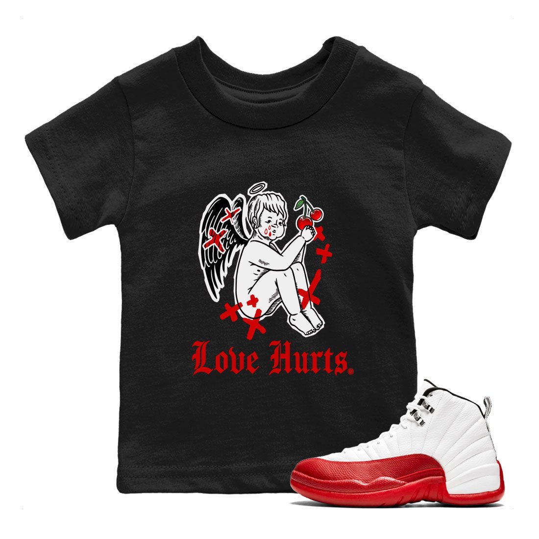 Jordan 12 Cherry shirt to match jordans Love Hurts sneaker release tees Air Jordan 12 Cherry SNRT Sneaker Tees Baby Toddler Black 1 T-Shirt
