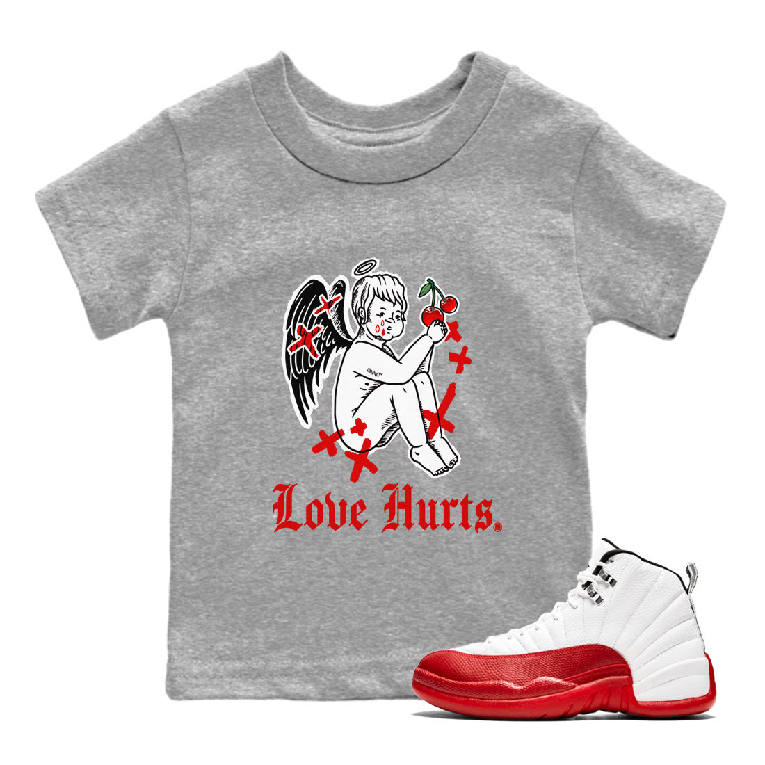 Jordan 12 Cherry shirt to match jordans Love Hurts sneaker release tees Air Jordan 12 Cherry SNRT Sneaker Tees Baby Toddler Heather Grey 1 T-Shirt