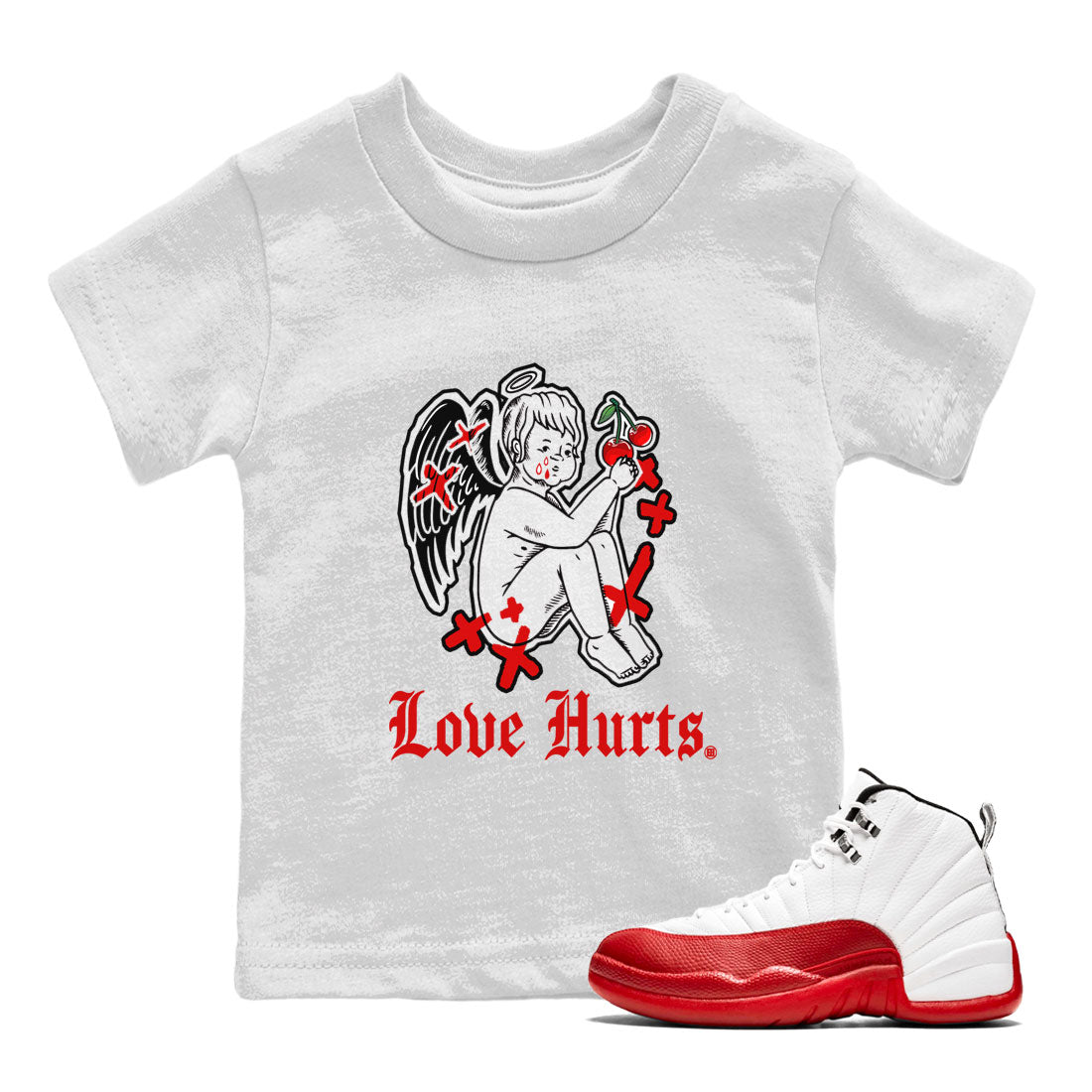 Jordan 12 Cherry shirt to match jordans Love Hurts sneaker release tees Air Jordan 12 Cherry SNRT Sneaker Tees Baby Toddler White 1 T-Shirt