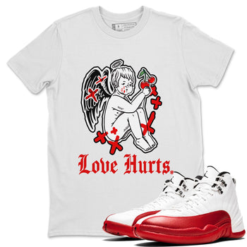 Jordan 12 Cherry shirt to match jordans Love Hurts sneaker release tees Air Jordan 12 Cherry SNRT Sneaker Tees Unisex Streetwear Clothing White 1 T-Shirt