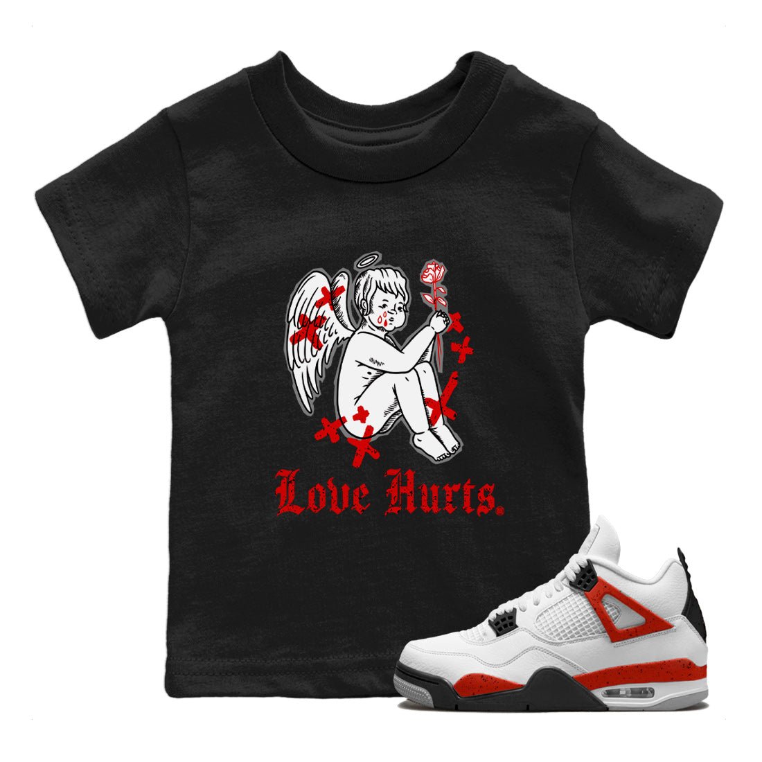 Air Jordan 4 Red Cement Sneaker Match Tees Love Hurts Sneaker Tees Jordan 4 Red Retro Cement Sneaker Release Tees Kids Shirts Black 1