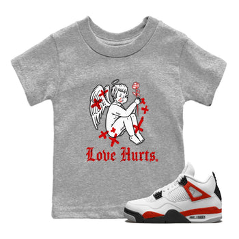 Air Jordan 4 Red Cement Sneaker Match Tees Love Hurts Sneaker Tees Jordan 4 Red Retro Cement Sneaker Release Tees Kids Shirts Heather Grey 1