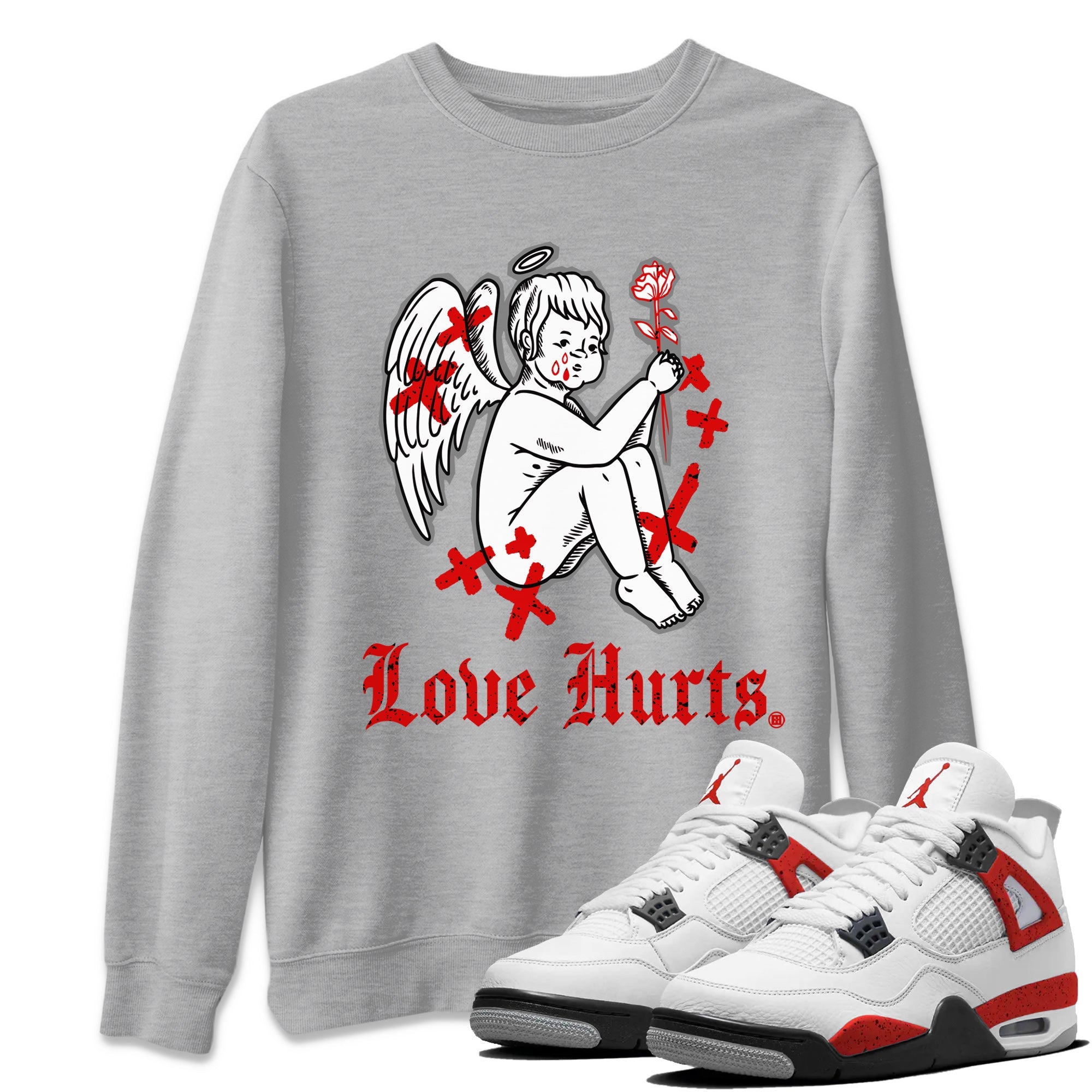Air Jordan 4 Red Cement Sneaker Match Tees Love Hurts Sneaker Tees Jordan 4 Red Retro Cement Sneaker Release Tees Unisex Shirts Heather Grey 1