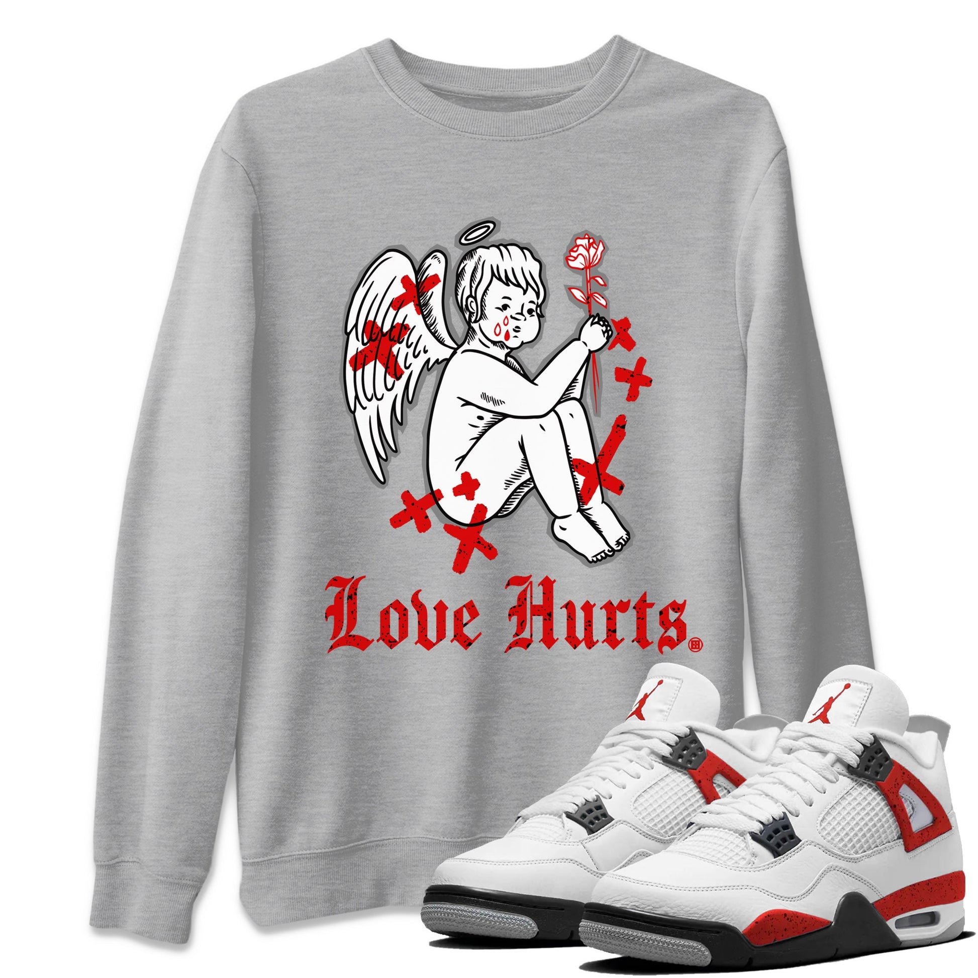 Air Jordan 4 Red Cement Sneaker Match Tees Love Hurts Sneaker Tees Jordan 4 Red Retro Cement Sneaker Release Tees Unisex Shirts Heather Grey 1