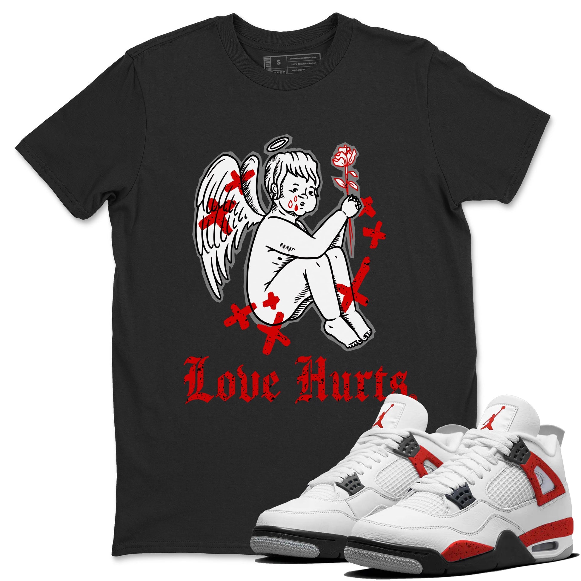 Air Jordan 4 Red Cement Sneaker Match Tees Love Hurts Sneaker Tees Jordan 4 Red Retro Cement Sneaker Release Tees Unisex Shirts Black 1