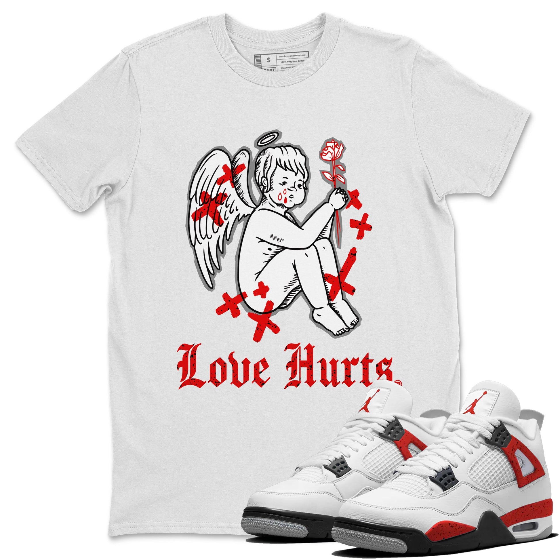 Air Jordan 4 Red Cement Sneaker Match Tees Love Hurts Sneaker Tees Jordan 4 Red Retro Cement Sneaker Release Tees Unisex Shirts White 1