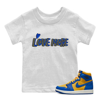 Jordan 1 Game Royal and Varsity Maize Sneaker Match Tees Love More Sneaker Tees Jordan 1 Game Royal and Varsity Maize Sneaker Release Tees Kids Shirts
