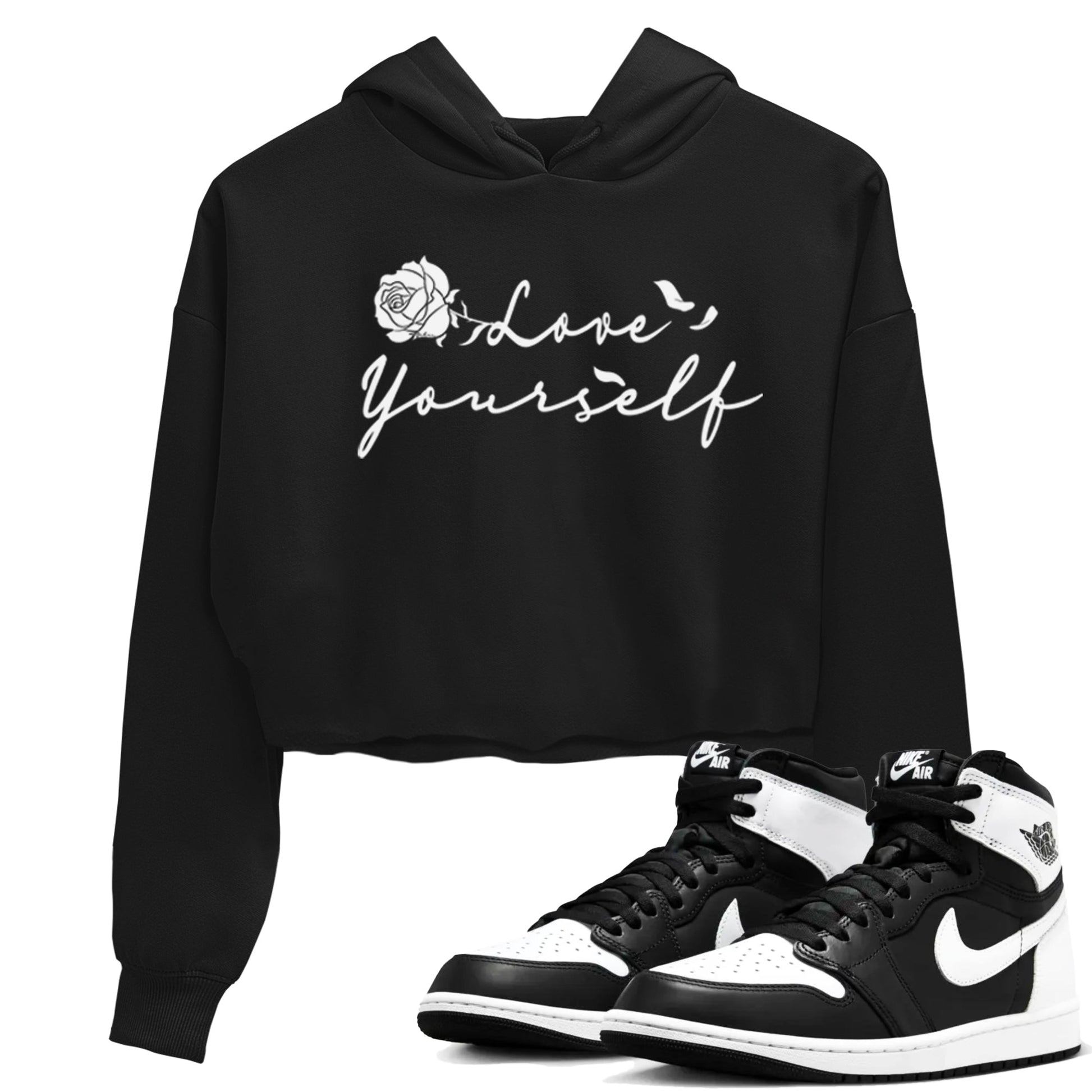 1s Black White shirt to match jordans Love Yourself sneaker tees Air Jordan 1 High OG Black White SNRT Sneaker Release Tees Black 1 crop length shirt