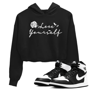 1s Black White shirt to match jordans Love Yourself sneaker tees Air Jordan 1 High OG Black White SNRT Sneaker Release Tees Black 1 crop length shirt