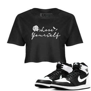 1s Black White shirt to match jordans Love Yourself sneaker tees Air Jordan 1 High OG Black White SNRT Sneaker Release Tees Black 1 crop length shirt