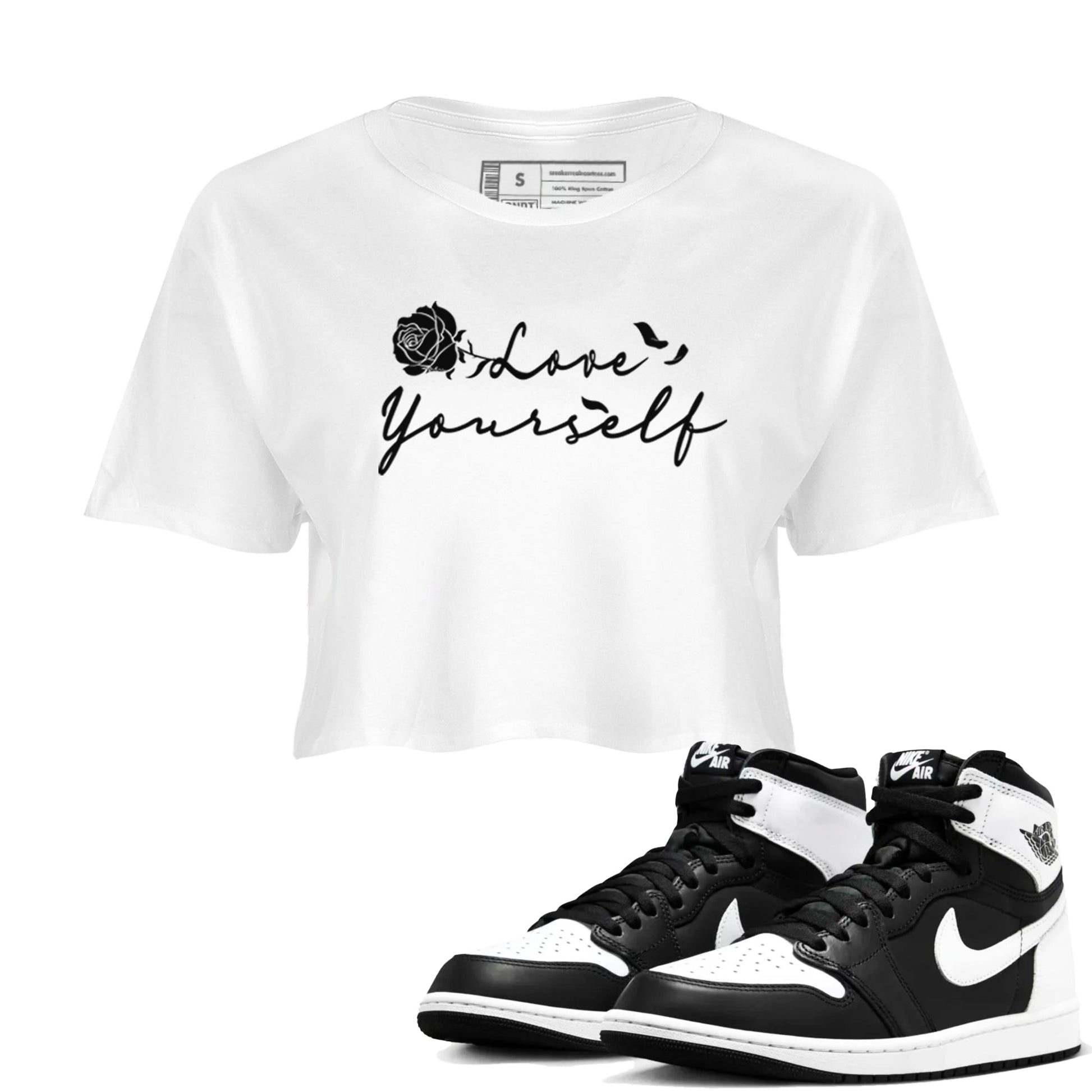 1s Black White shirt to match jordans Love Yourself sneaker tees Air Jordan 1 High OG Black White SNRT Sneaker Release Tees White 1 crop length shirt